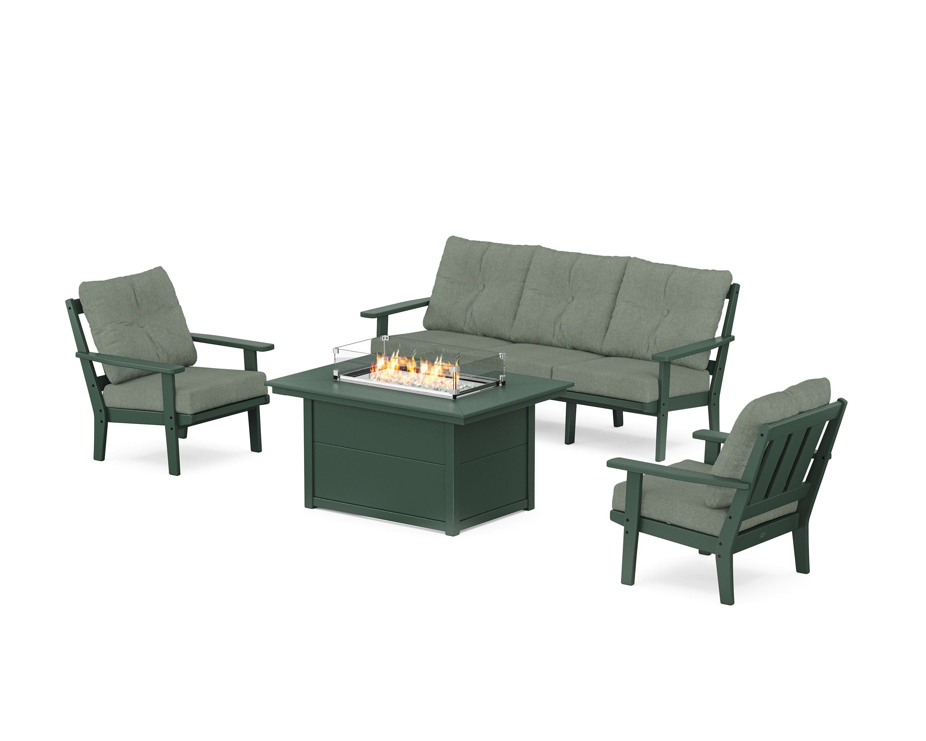 Oxford Deep Seating Fire Pit Table Set in Green / Cast Sage