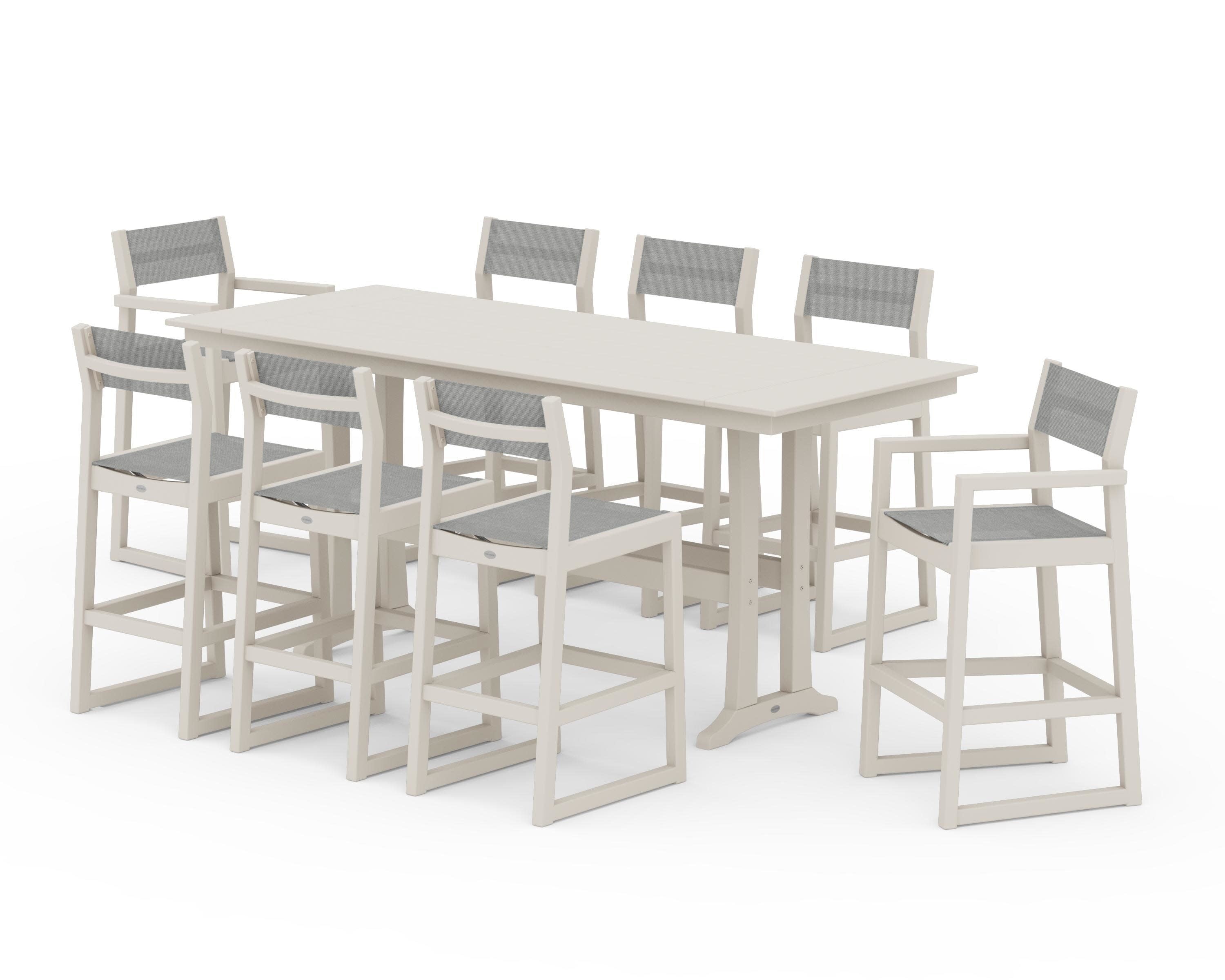 EDGE Sling 9-Piece Farmhouse Bar Set with Trestle Legs in Sand / Metallic Sling