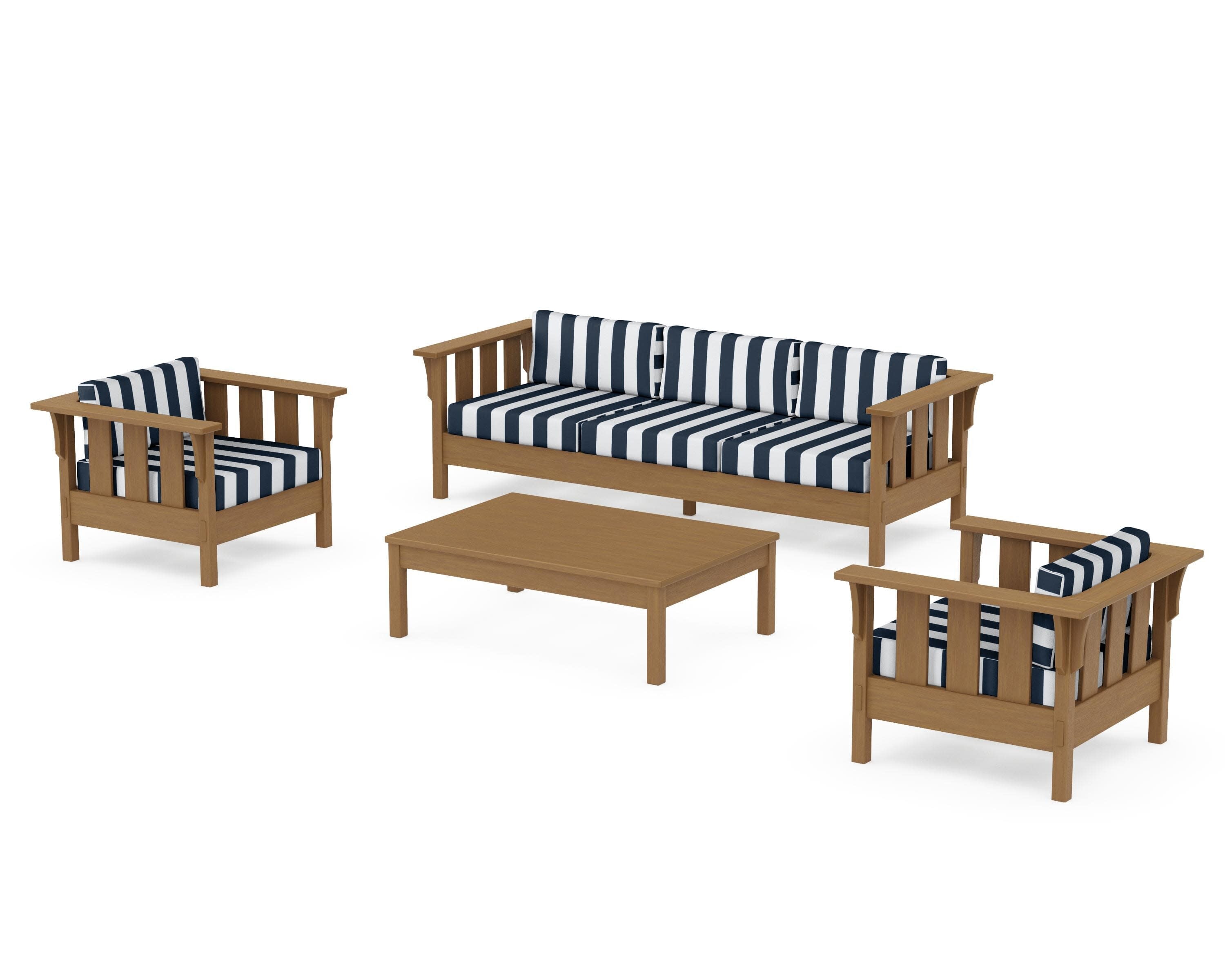 Acadia 4-Piece Deep Seating Set with Sofa in Natural / Cabana Stripe Marine Indigo