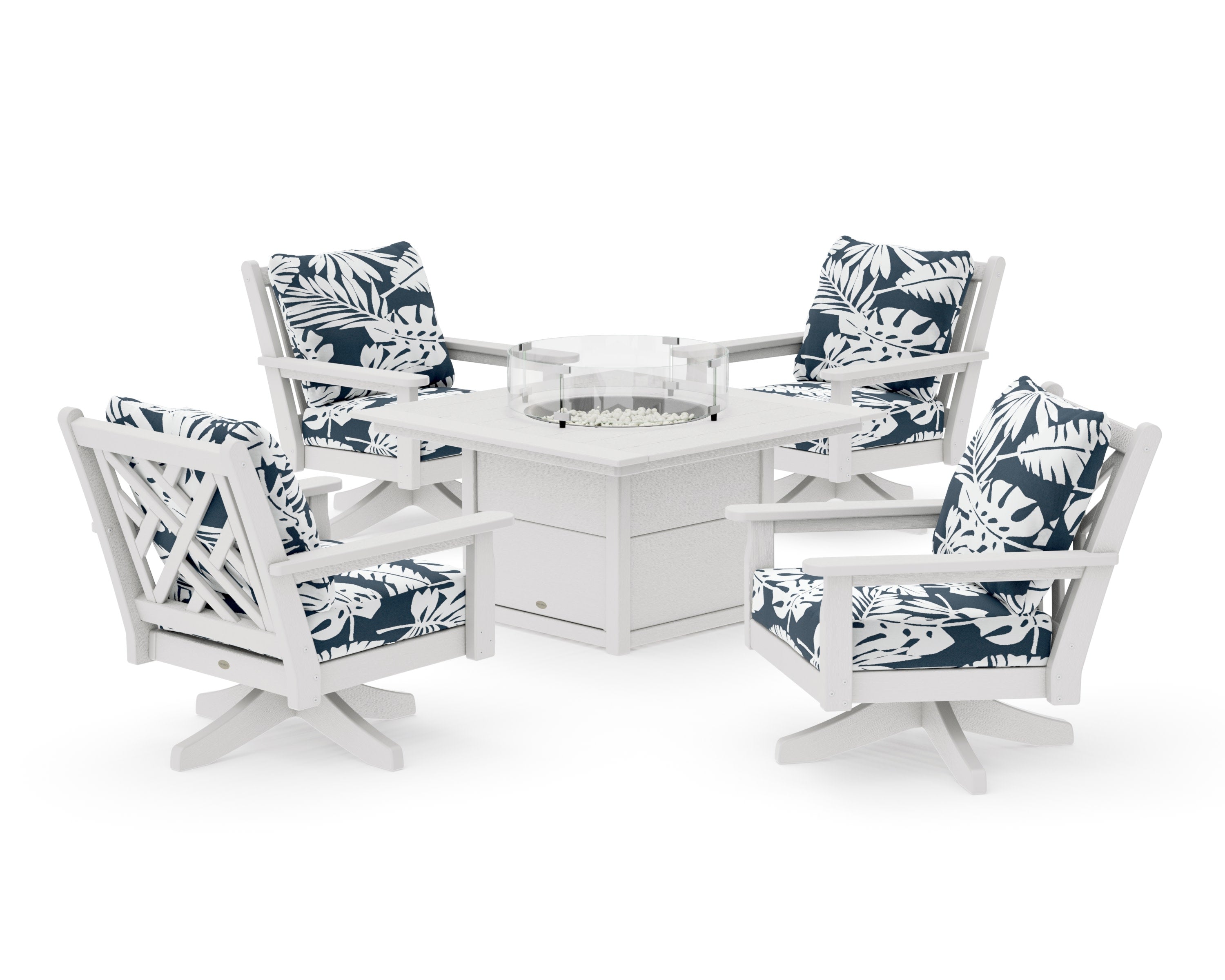 Chippendale 5-Piece Deep Seating Swivel Conversation Set with Fire Pit Table in Vintage White / Leaf Marine Indigo