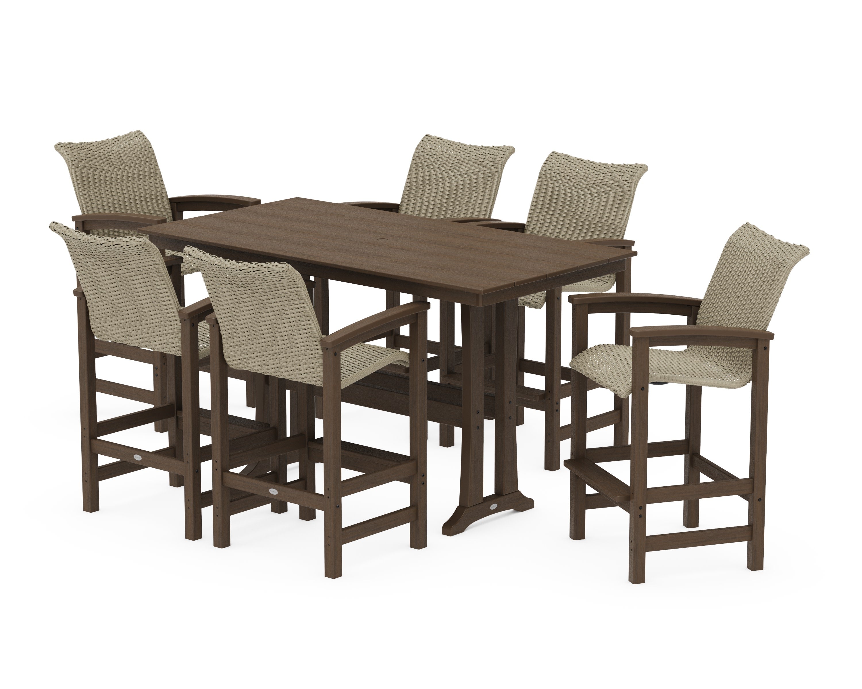 Coastal Woven Arm Chair 7-Piece Farmhouse Bar Set with Trestle Legs in Kona / Dune Grass