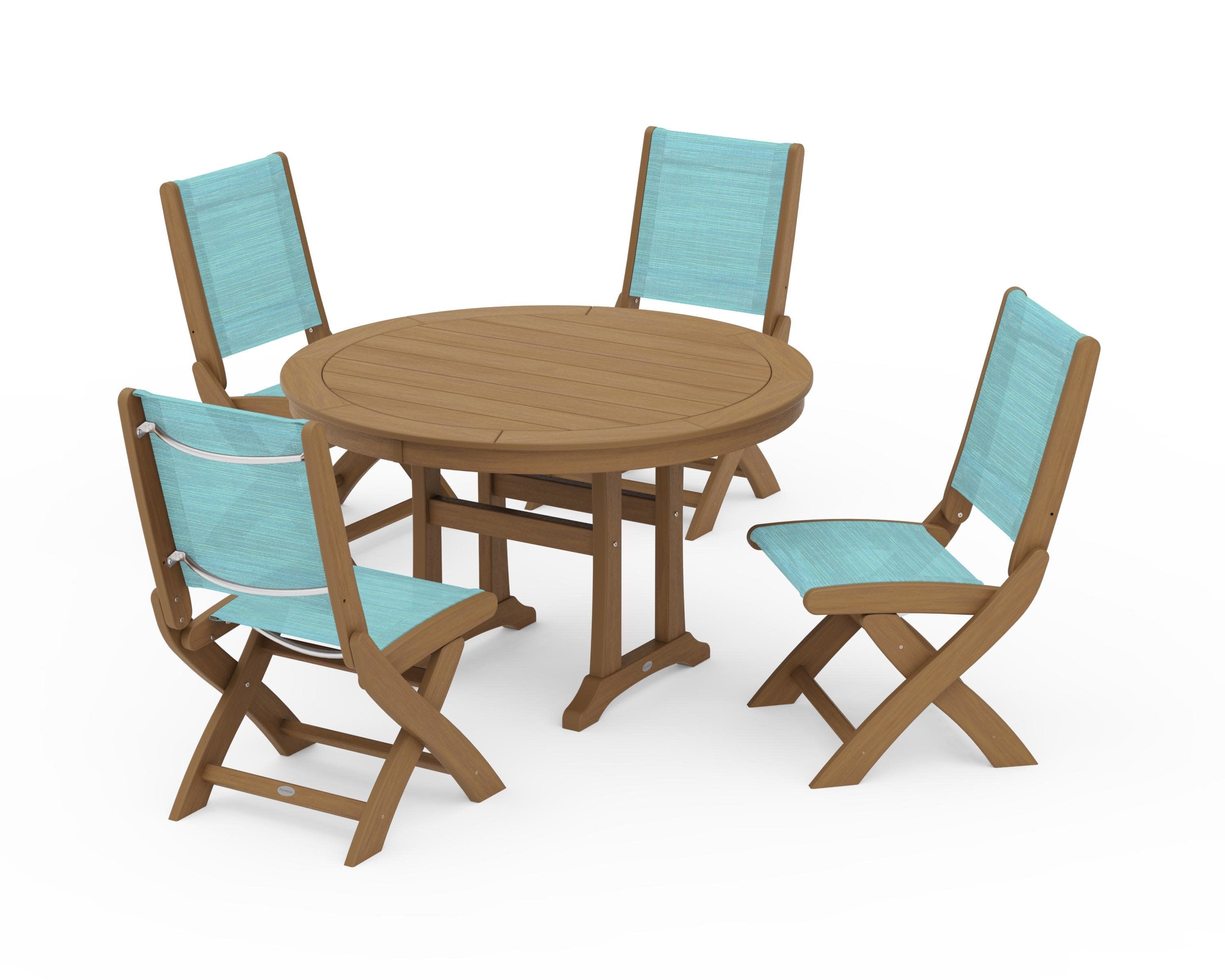 Coastal Folding Side Chair 5-Piece Round Dining Set With Trestle Legs in Natural / Dupioni Aquamarine Sling