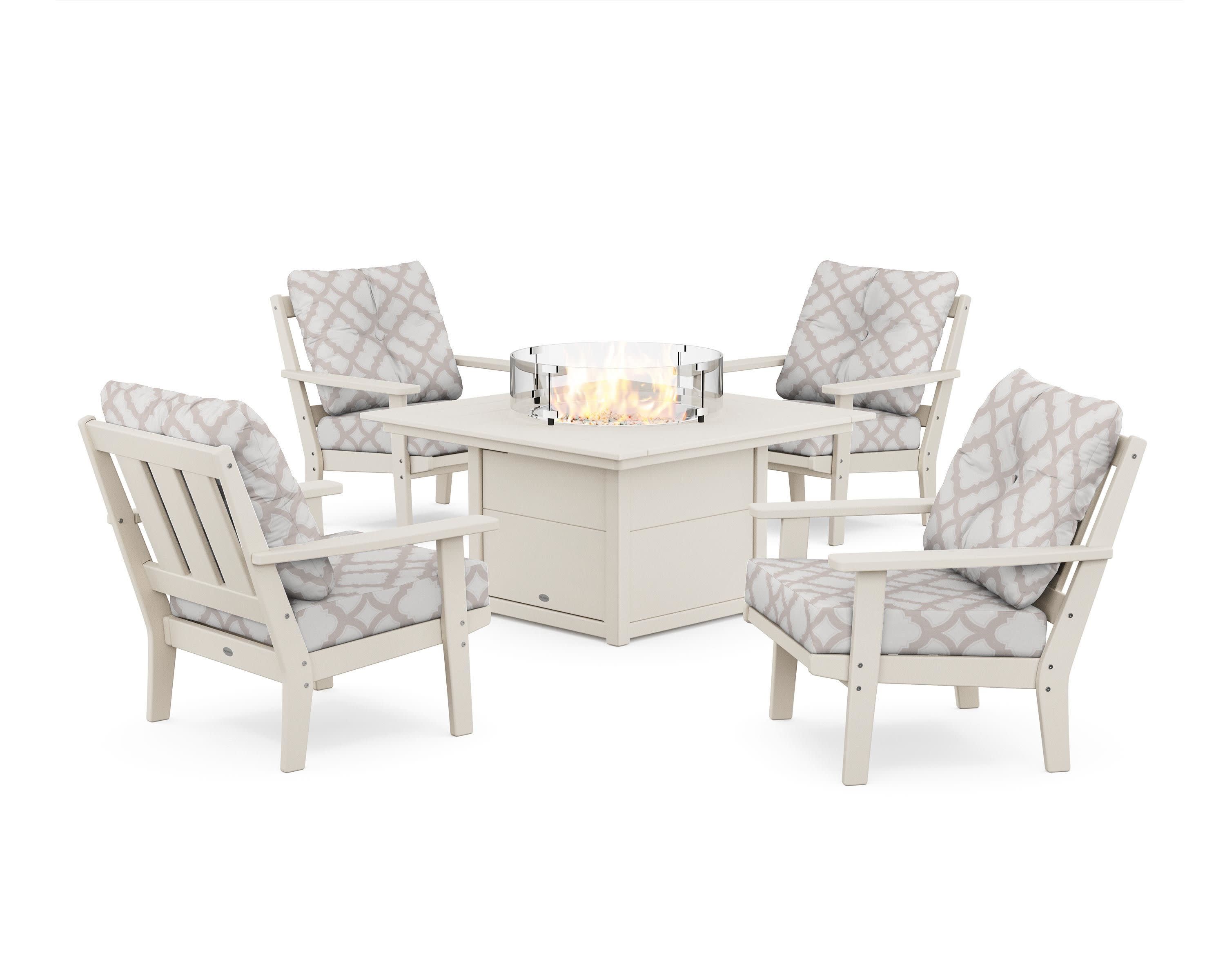 Oxford 5-Piece Deep Seating Set with Fire Pit Table in Sand / Trellis Dune Burlap