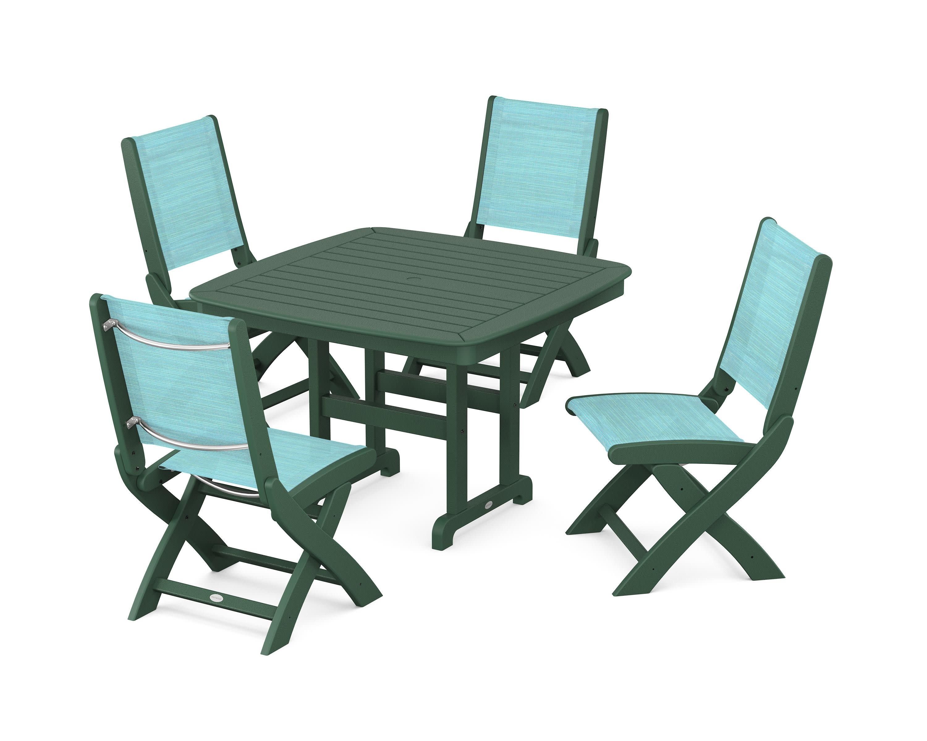 Coastal Folding Side Chair 5-Piece Dining Set in Green / Dupioni Aquamarine Sling