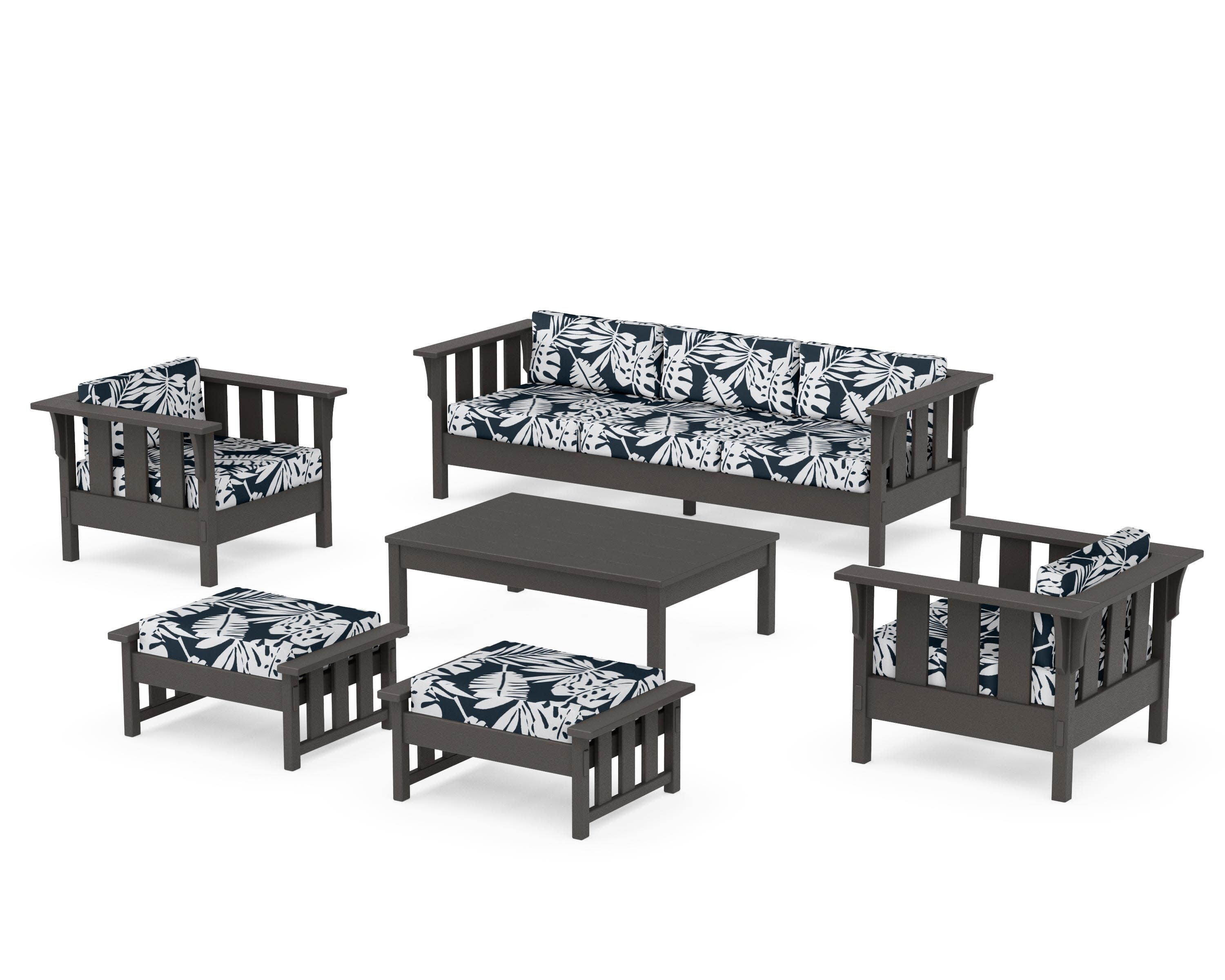 Acadia 6-Piece Lounge Sofa Set in Vintage Coffee / Leaf Marine Indigo