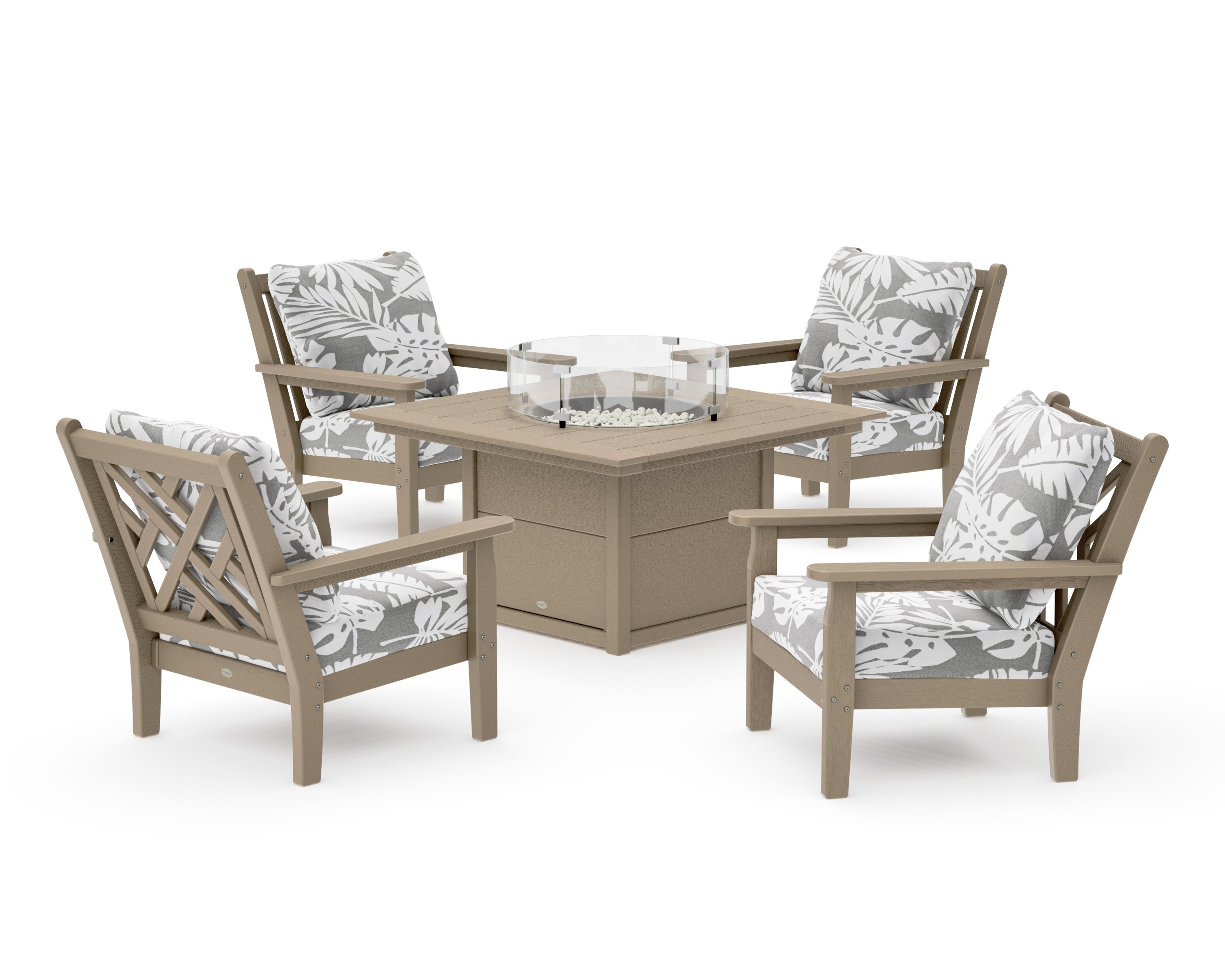 Chippendale 5-Piece Deep Seating Set with Fire Pit Table in Vintage Sahara / Leaf Grey Mist