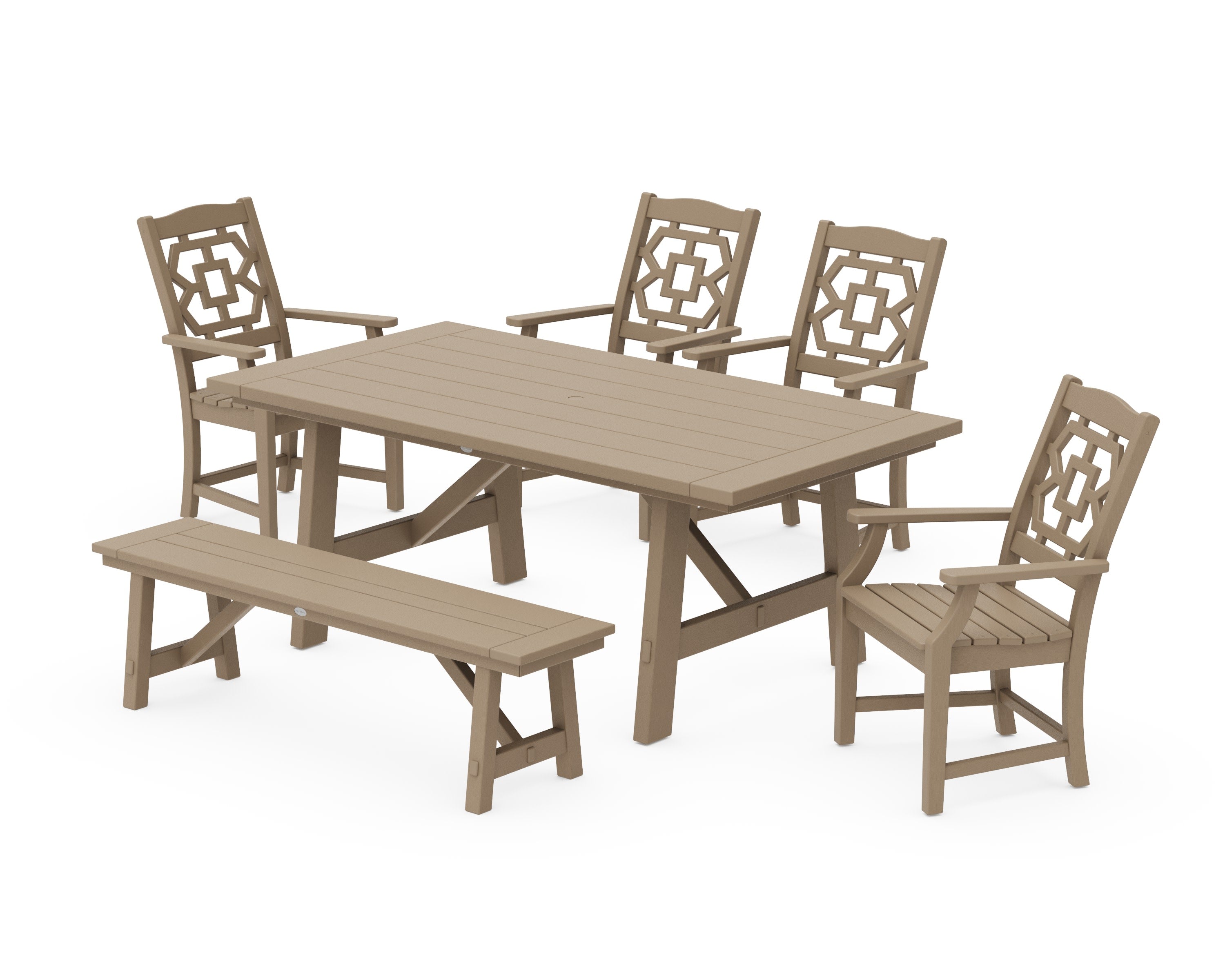 Chinoiserie 6-Piece Rustic Farmhouse Dining Set with Bench in Vintage Sahara