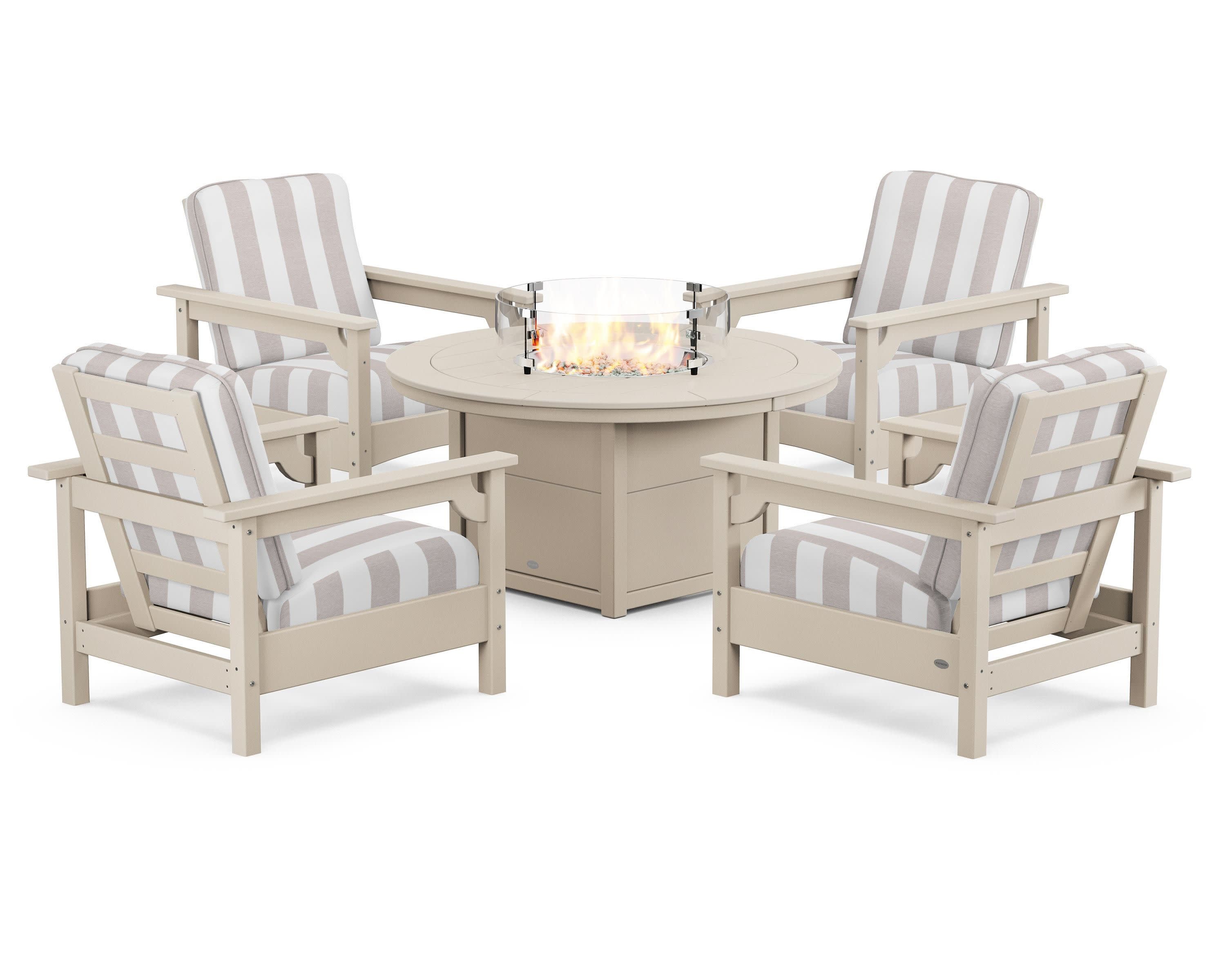 Club 5-Piece Conversation Set with Fire Pit Table in Sand / Cabana Stripe Dune Burlap