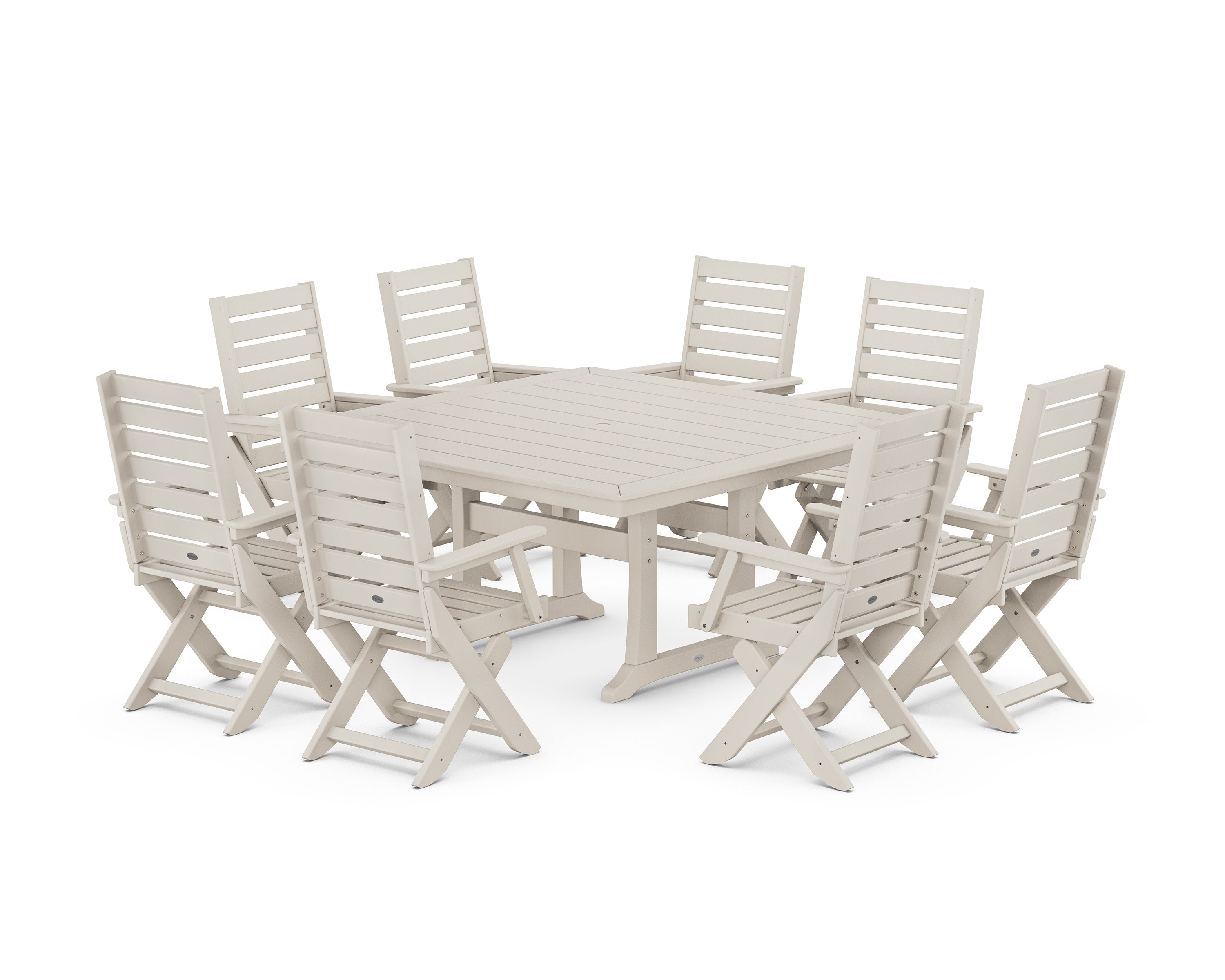 Captain Folding Chair 9-Piece Square Dining Set with Trestle Legs in Sand