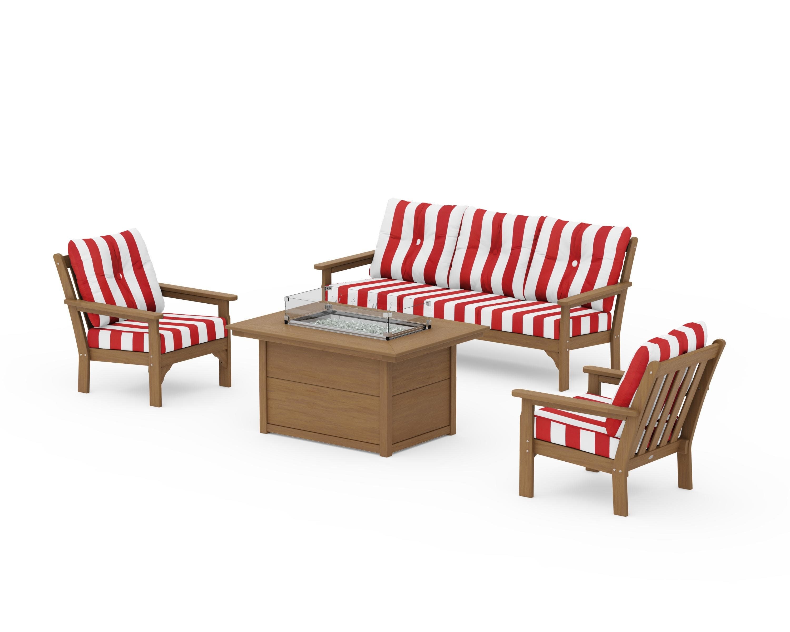 Vineyard Deep Seating Fire Pit Table Set in Natural / Cabana Stripe Crimson