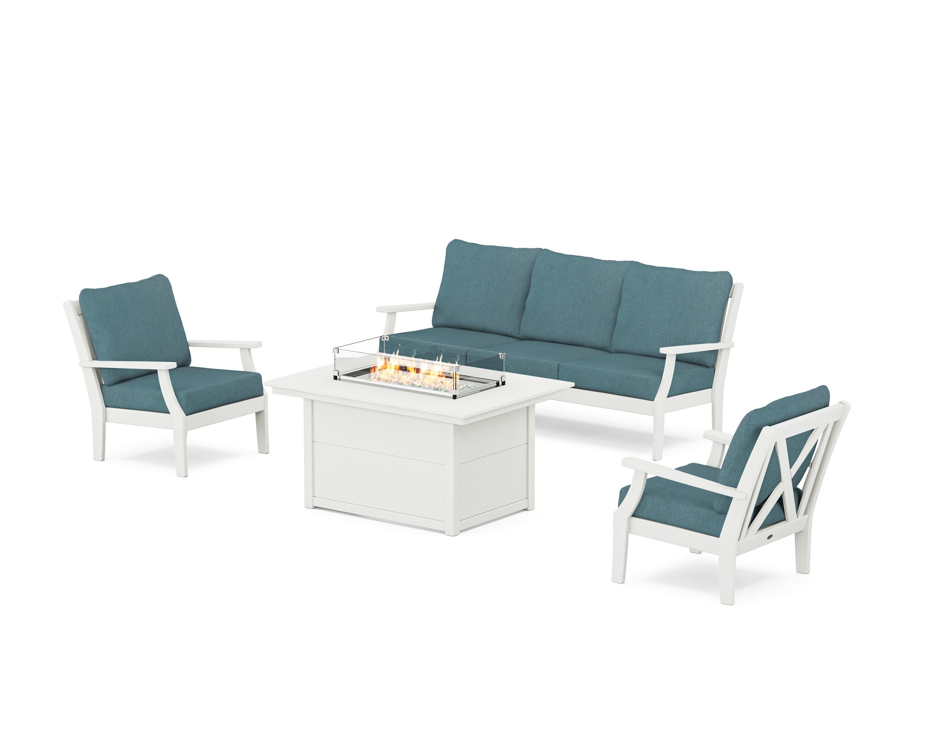 Braxton Deep Seating Fire Pit Table Set in Vintage White / Ocean Teal