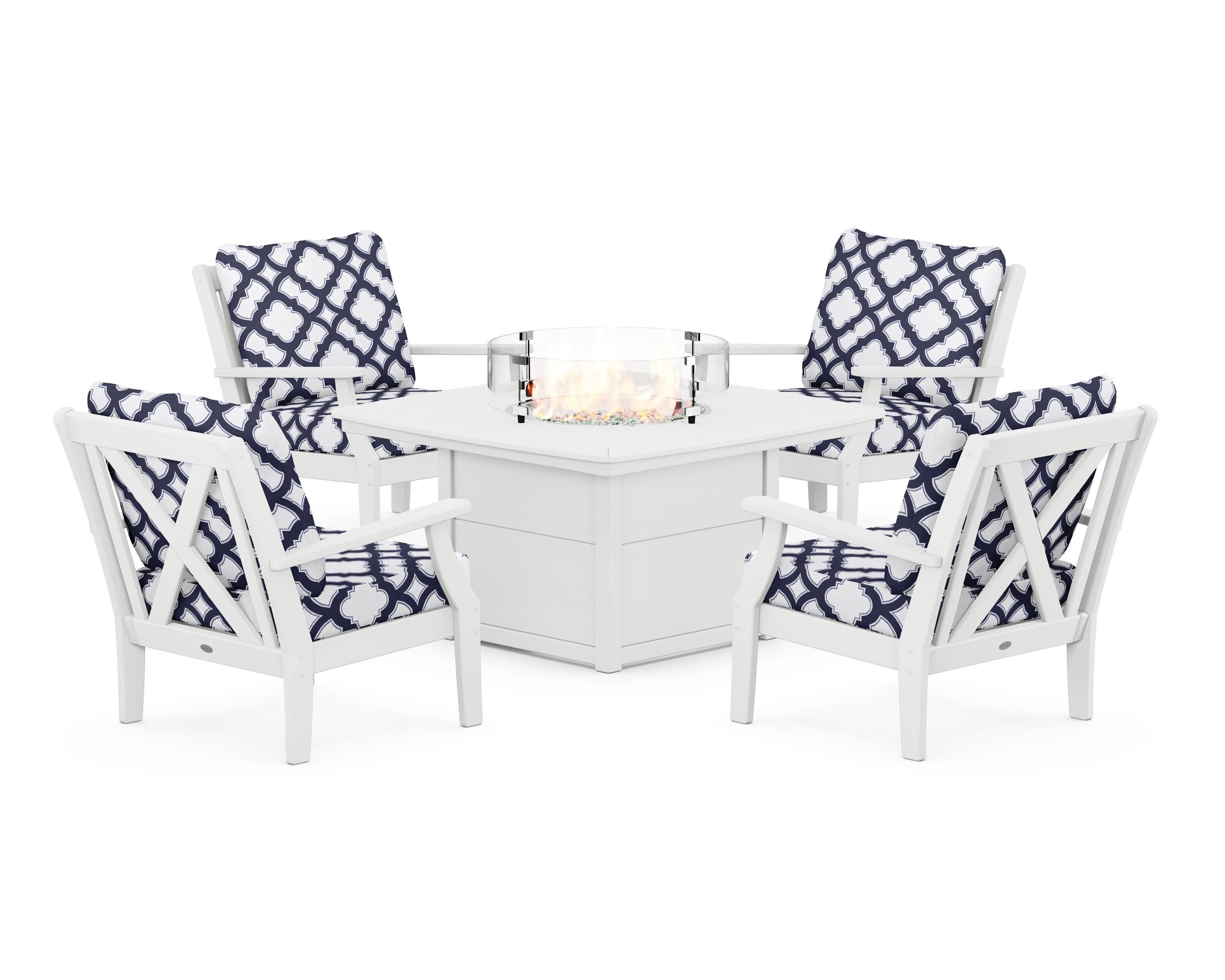 Braxton 5-Piece Deep Seating Conversation Set with Fire Pit Table in White / Trellis Navy