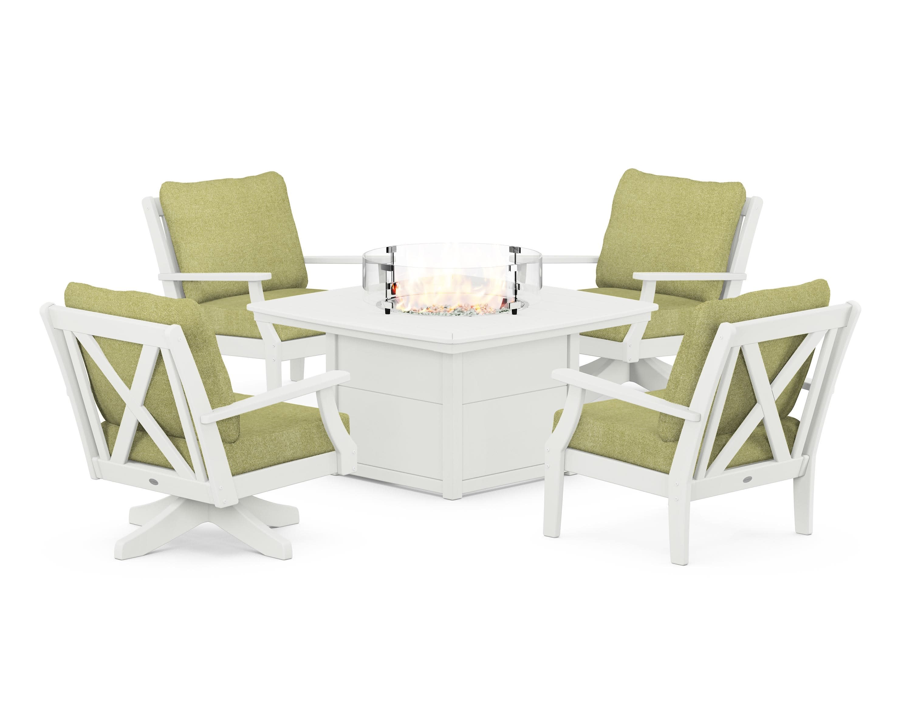 Braxton 5-Piece Deep Seating Set with Fire Table in Vintage White / Chartreuse Boucle