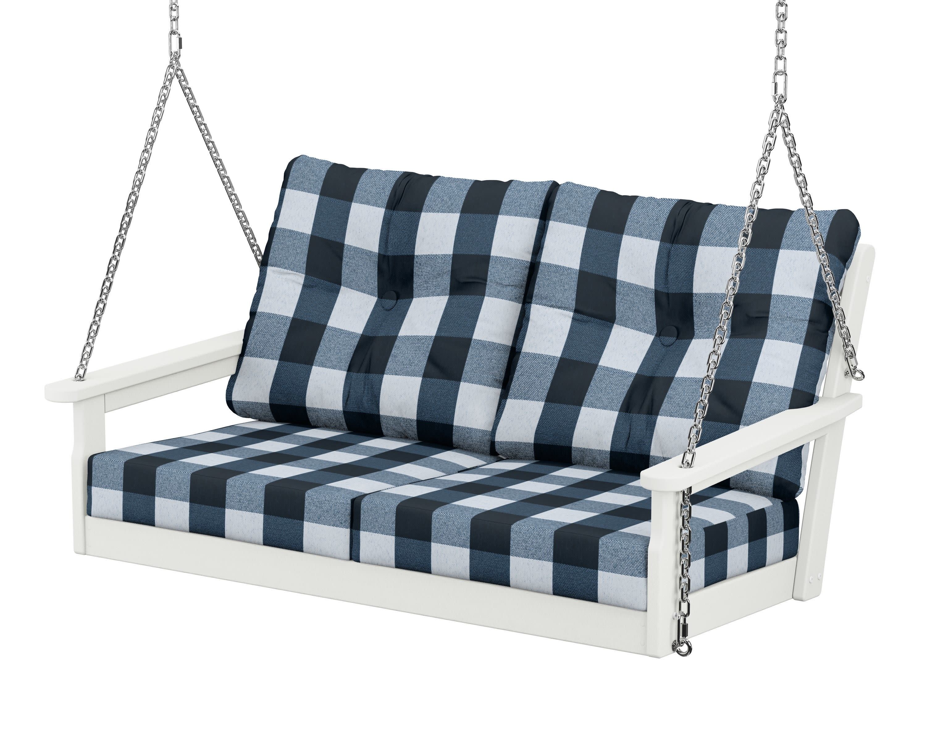 Vineyard Deep Seating Swing in Vintage White / Buffalo Plaid Marine Indigo