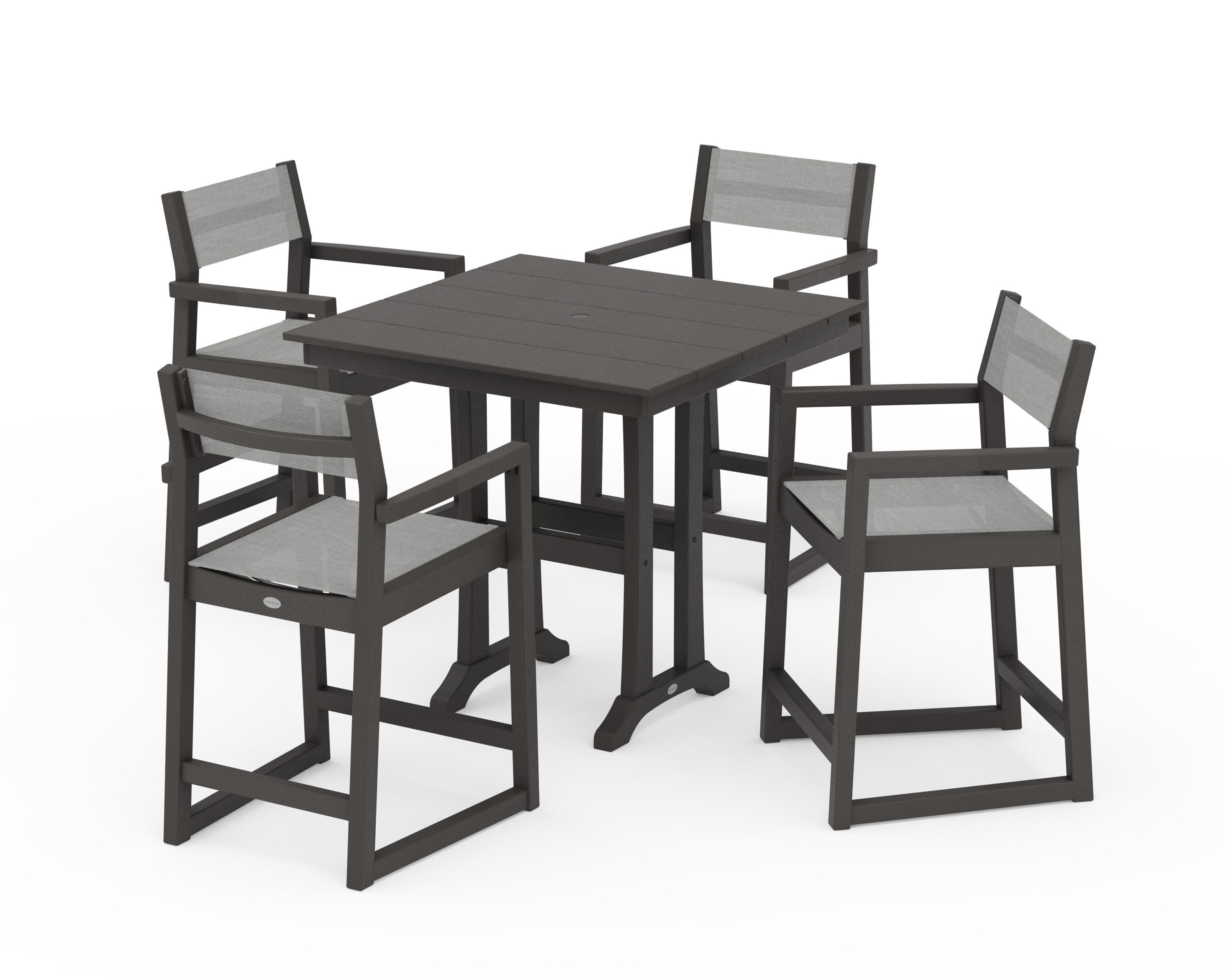 EDGE Sling Arm Chair 5-Piece Farmhouse Counter Set with Trestle Legs in Vintage Coffee / Metallic Sling