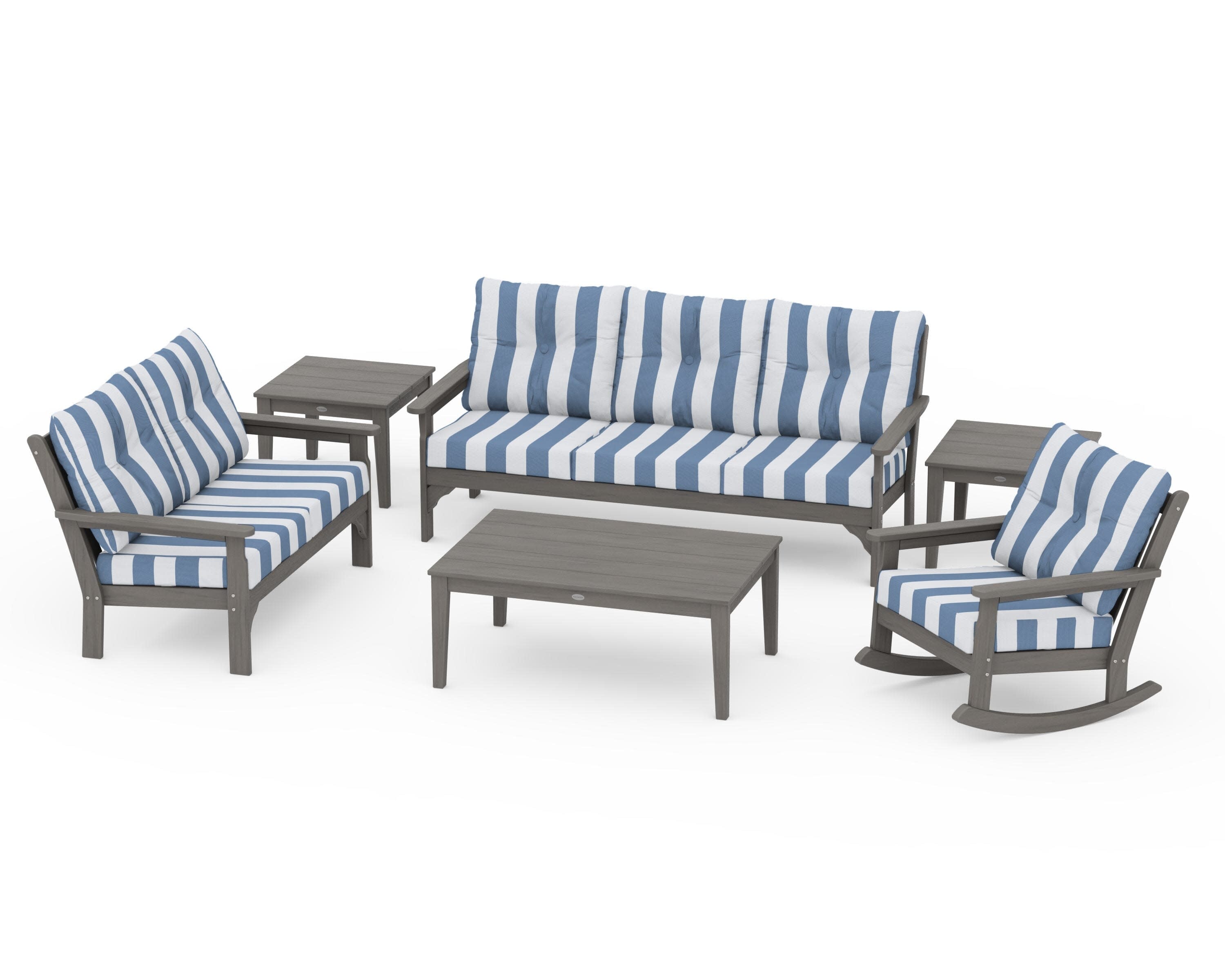 Vineyard 6-Piece Deep Seating Set in Driftwood / Cabana Stripe Sky Blue