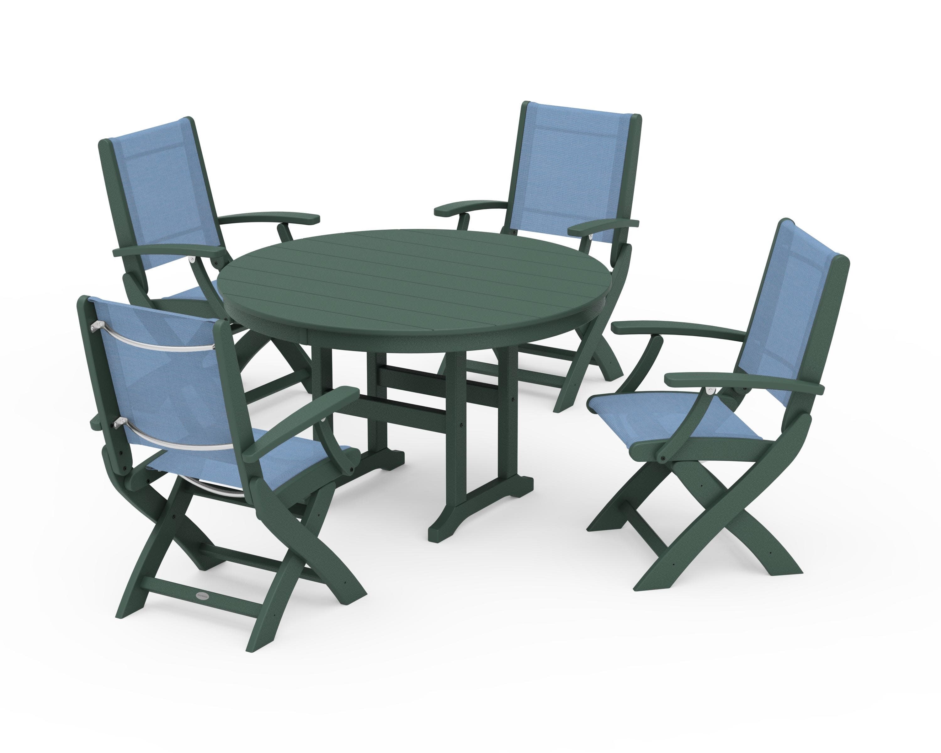 Coastal Folding Chair 5-Piece Round Dining Set in Green / Poolside Sling