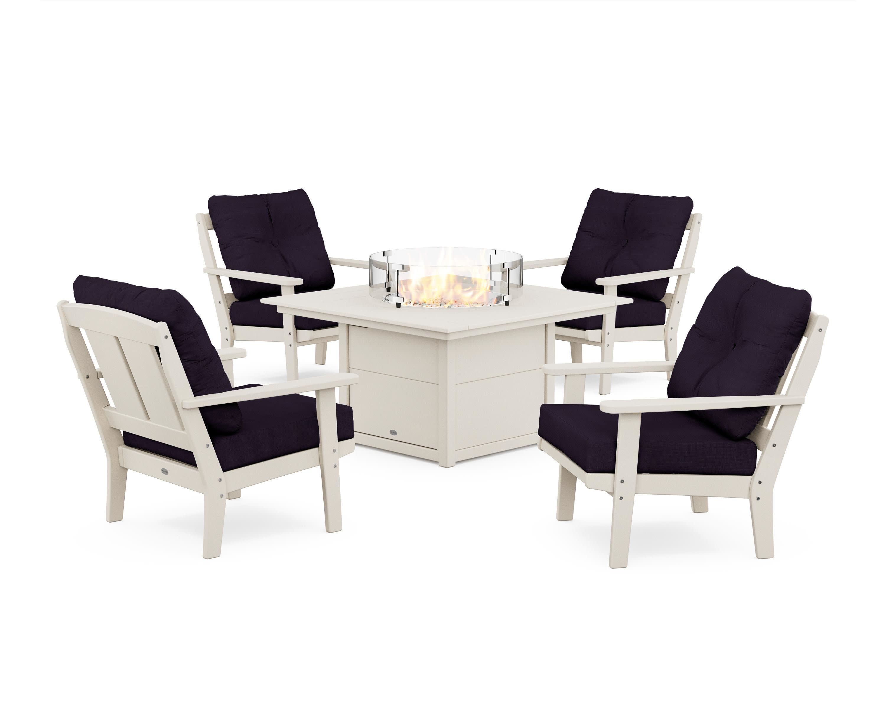 Mission 5-Piece Deep Seating Set with Fire Pit Table in Sand / Navy Linen