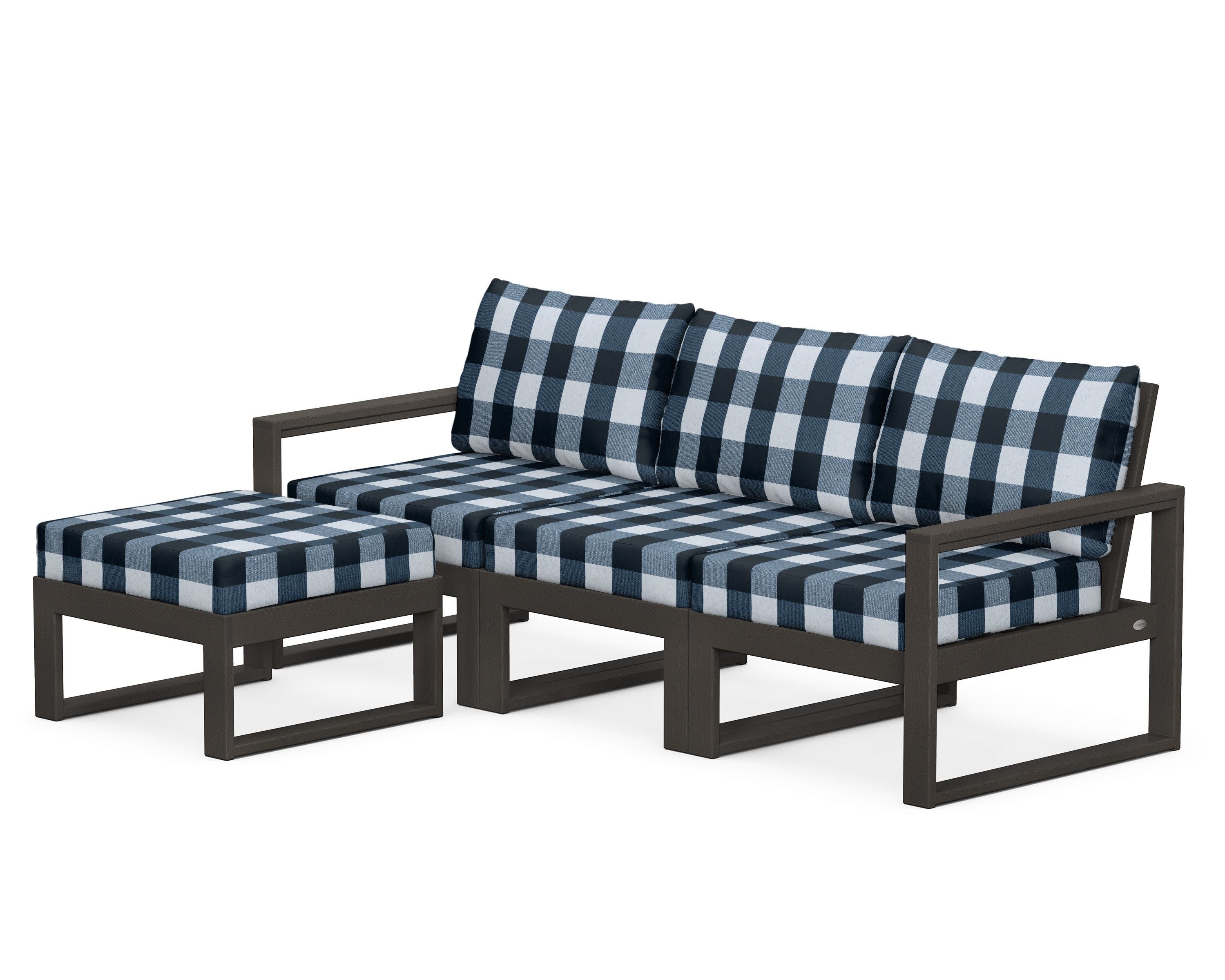 EDGE 4-Piece Modular Deep Seating Set with Ottoman in Vintage Coffee / Buffalo Plaid Marine Indigo
