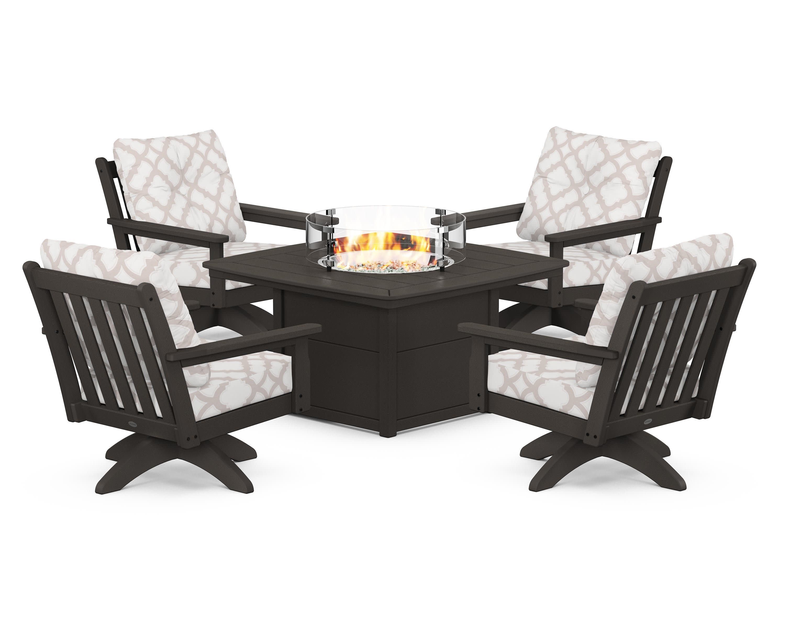 Vineyard 5-Piece Deep Seating Swivel Conversation Set with Fire Pit Table in Vintage Coffee / Trellis Dune Burlap