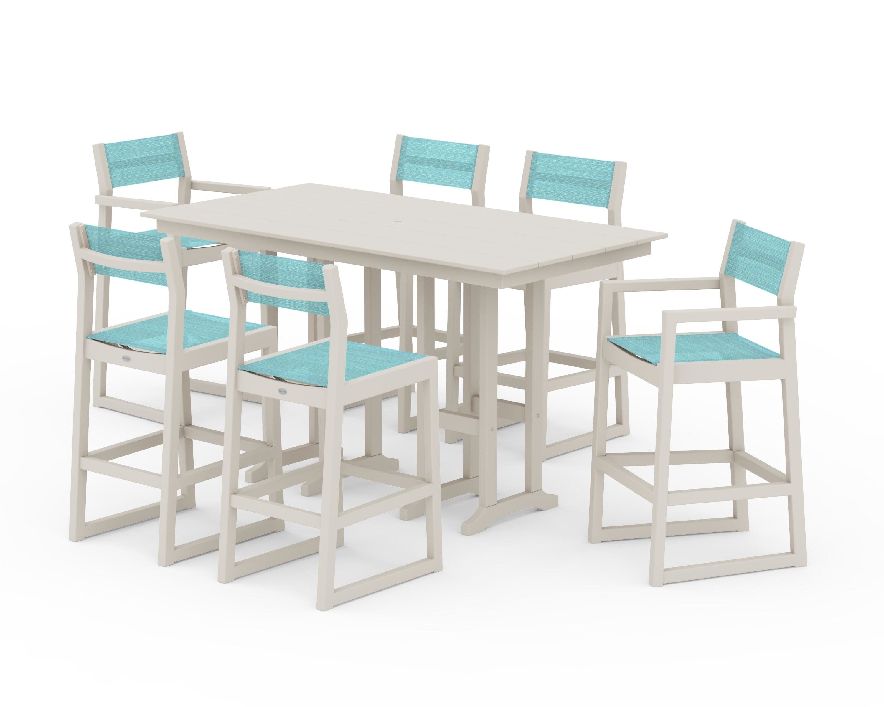 EDGE Sling 7-Piece Farmhouse Bar Set in Sand / Dupioni Aquamarine Sling