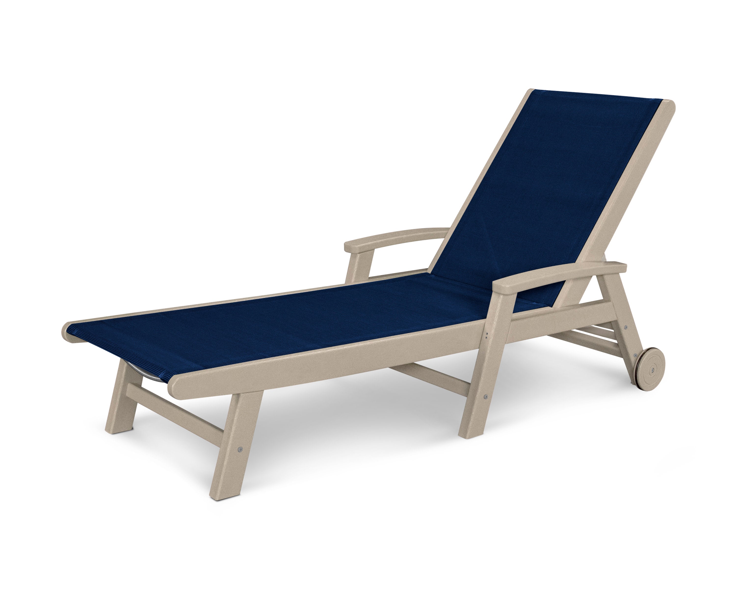 Coastal Chaise with Wheels in Sand / Navy Blue Sling