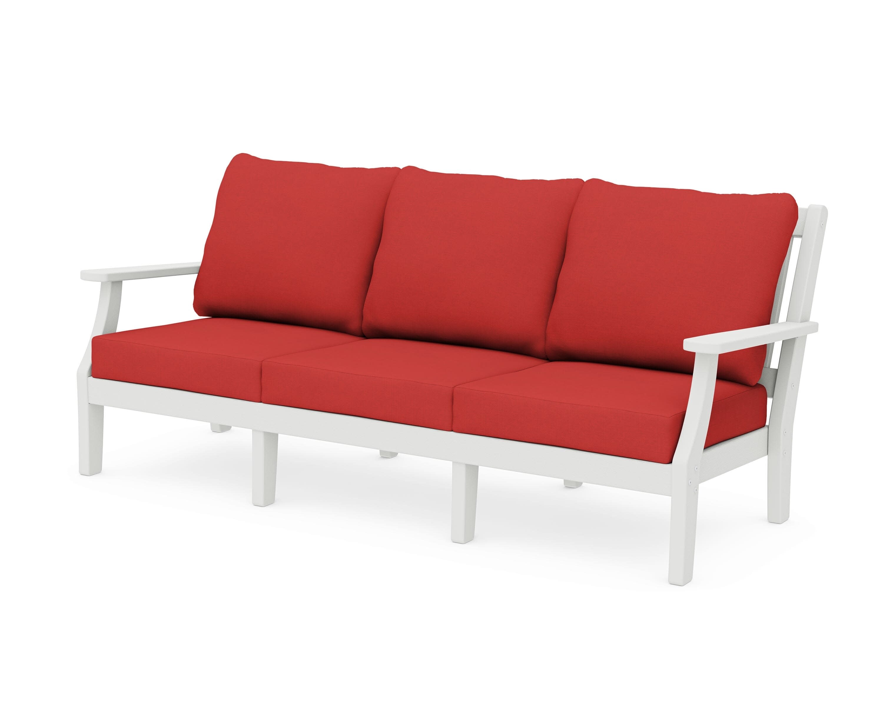 Chinoiserie Deep Seating Sofa in Vintage White / Crimson Linen