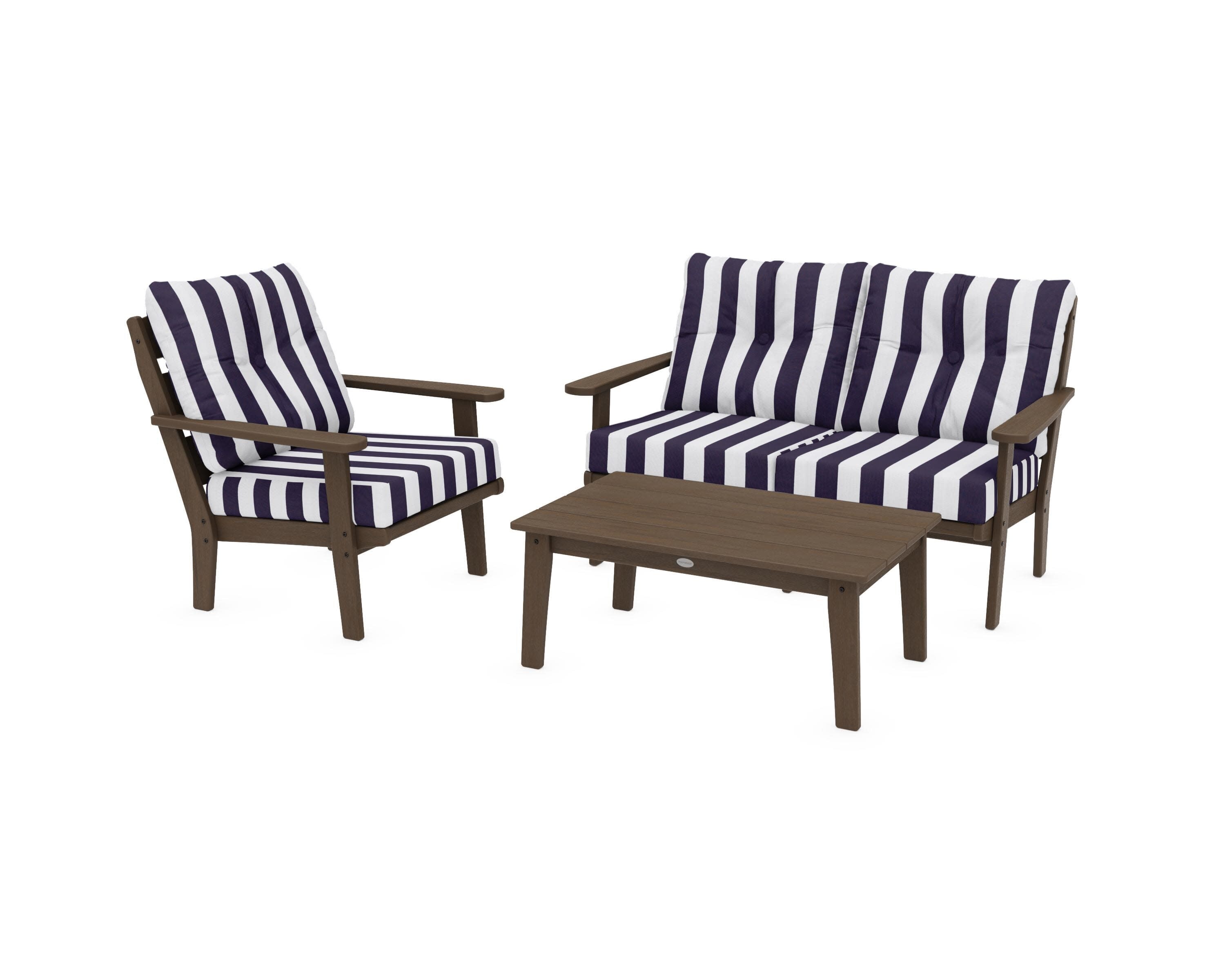 Lakeside 3-Piece Deep Seating Set in Kona / Cabana Stripe Navy