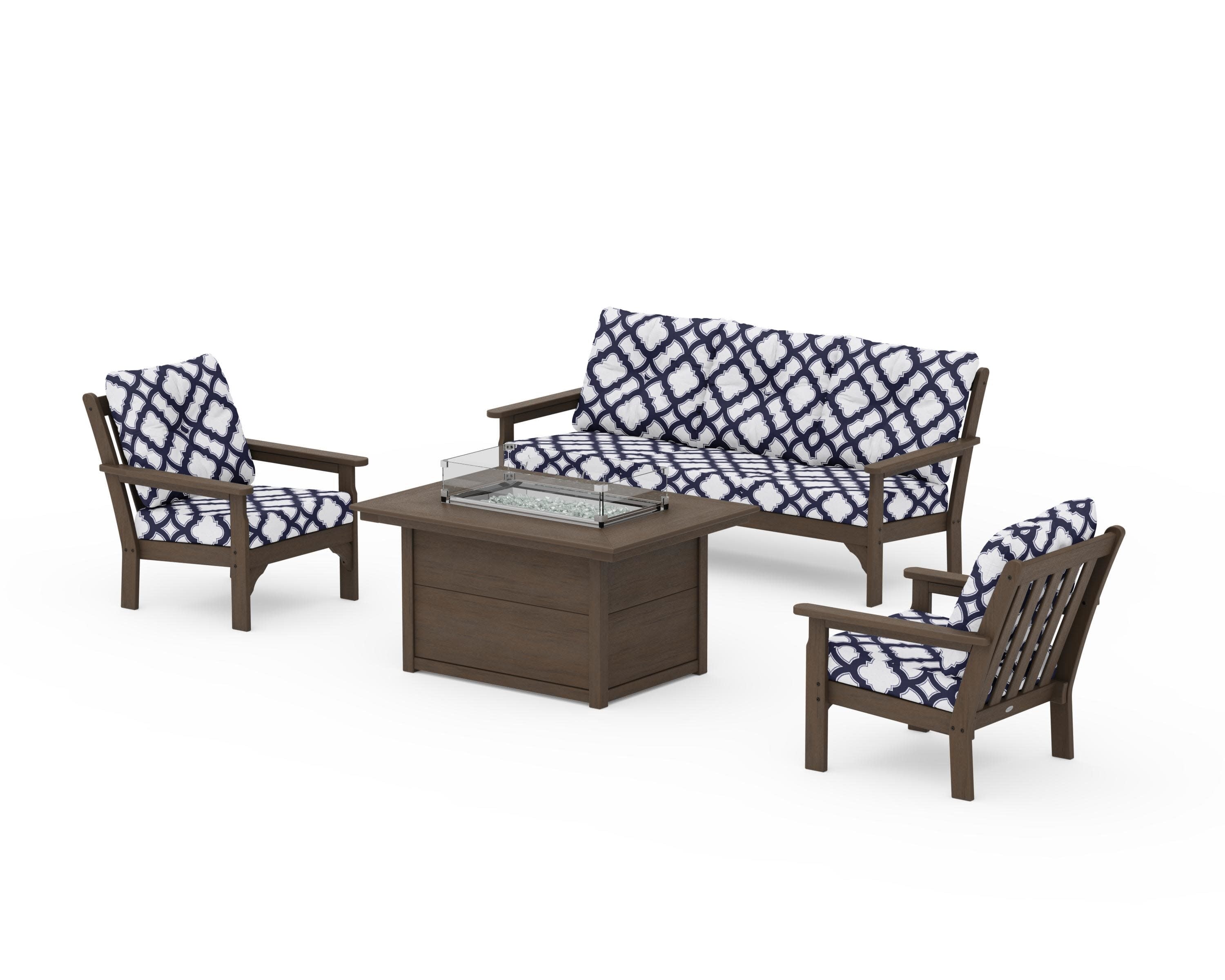Vineyard Deep Seating Fire Pit Table Set in Kona / Trellis Navy