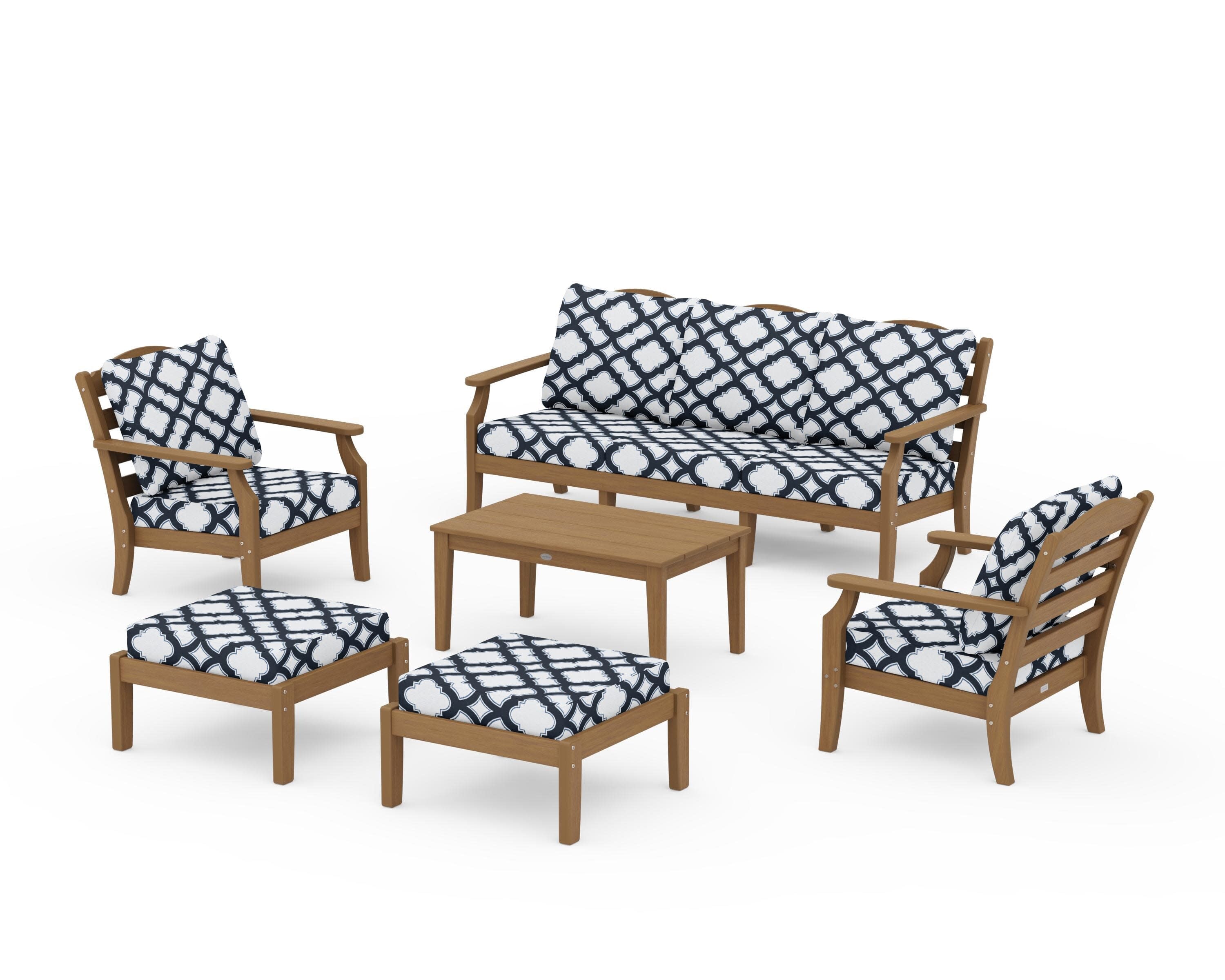 Savannah 6-Piece Lounge Sofa Set in Natural / Trellis Marine Indigo