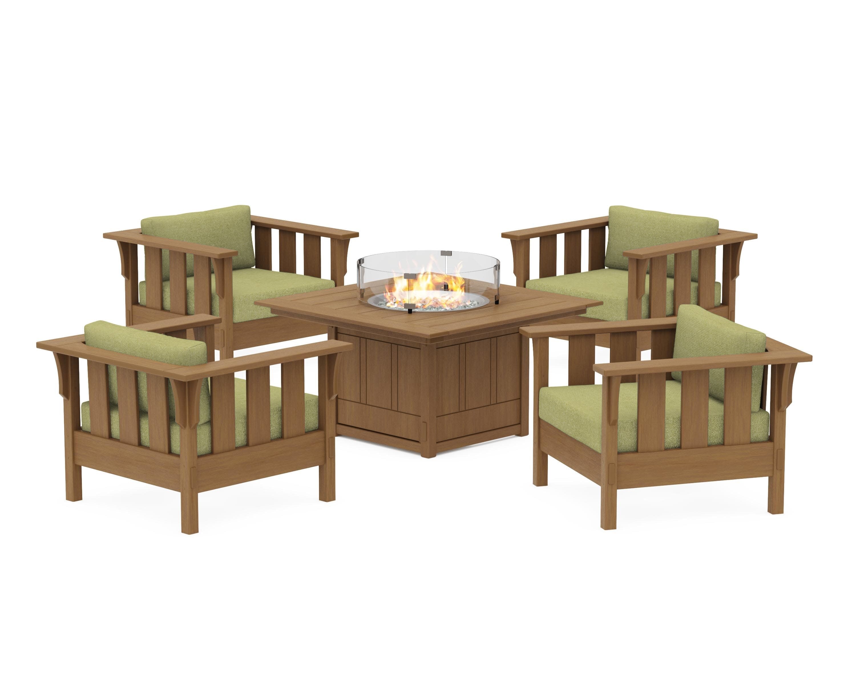 Acadia 5-Piece Deep Seating Set with Fire Pit Table in Natural / Chartreuse Boucle