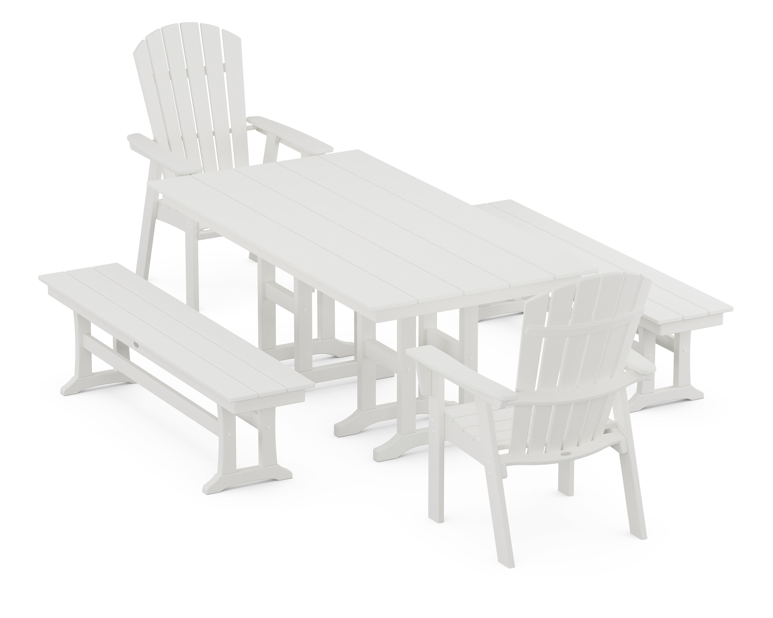 Nautical Curveback Adirondack 5-Piece Farmhouse Dining Set with Benches in Vintage White