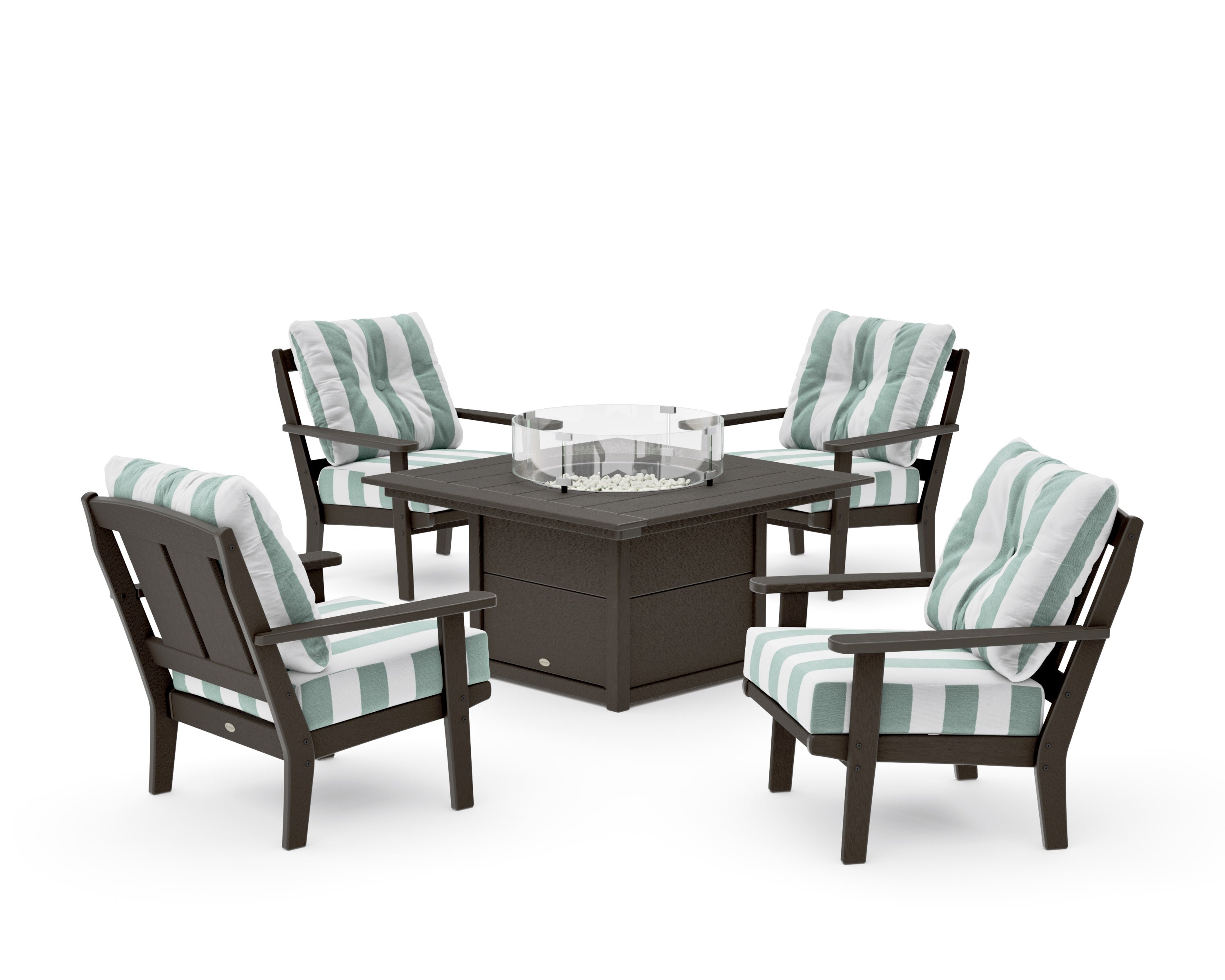 Mission 5-Piece Deep Seating Set with Fire Pit Table in Vintage Coffee / Cabana Stripe Glacier Spa
