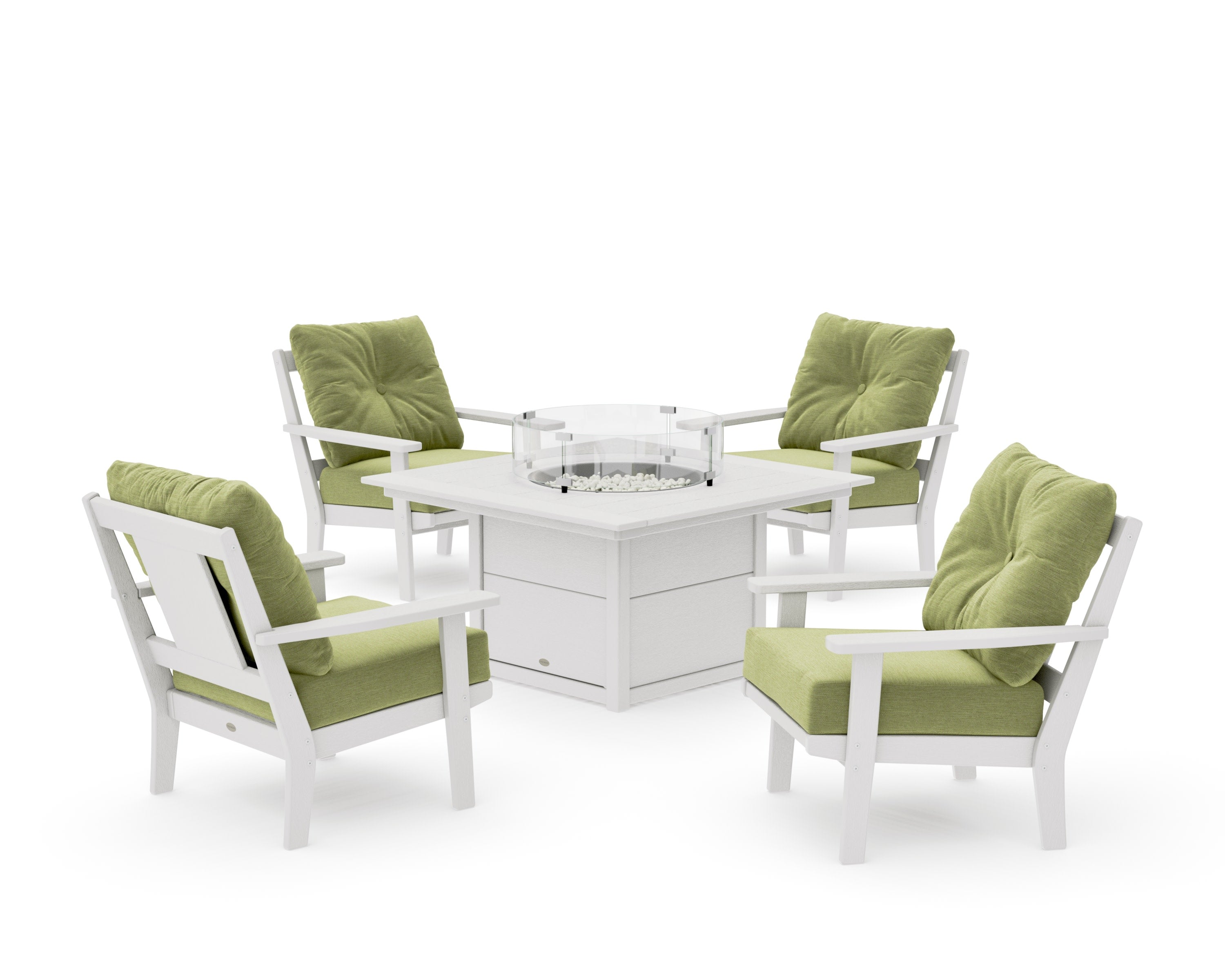 Prairie 5-Piece Deep Seating Set with Fire Pit Table in Vintage White / Chartreuse Boucle