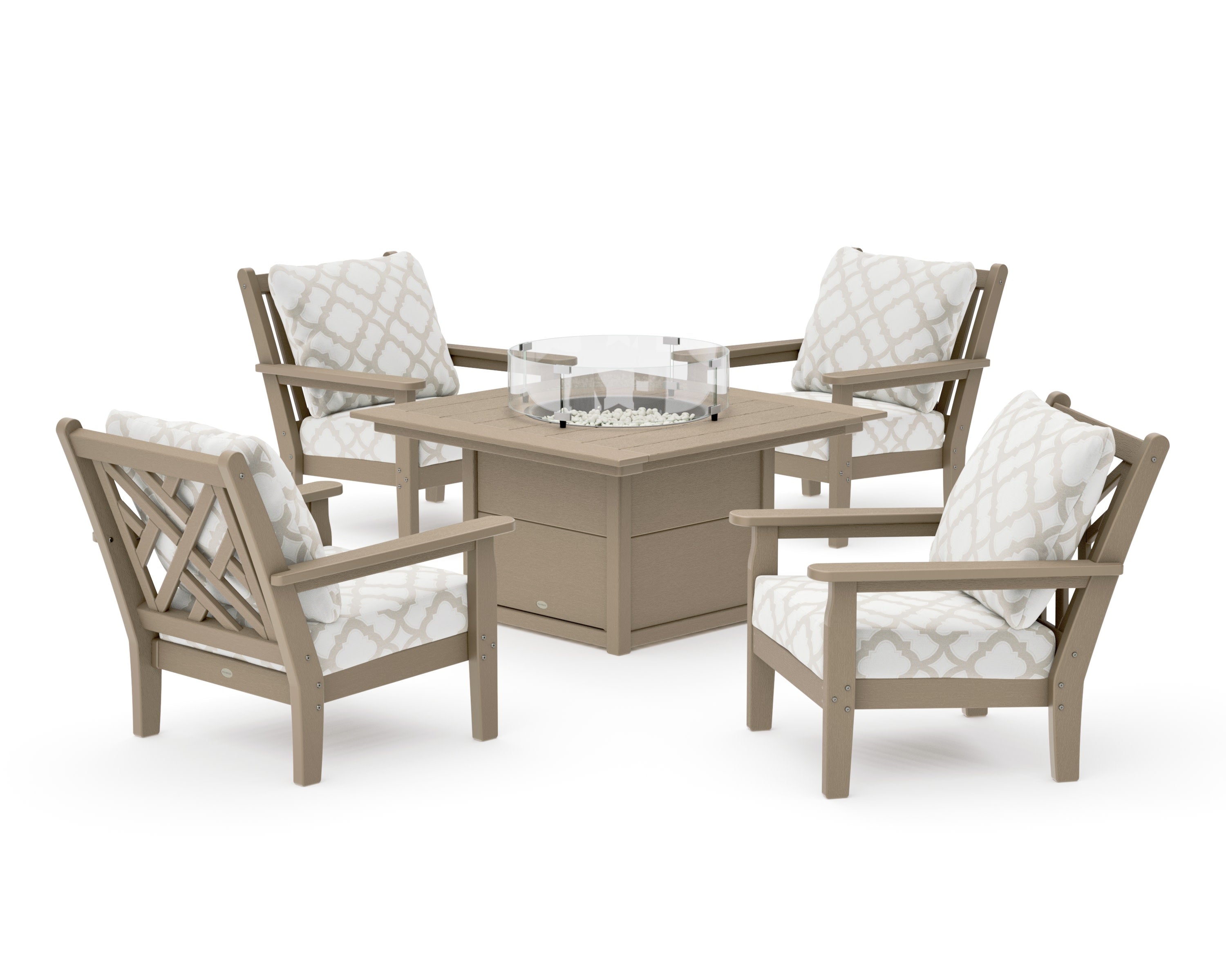 Chippendale 5-Piece Deep Seating Set with Fire Pit Table in Vintage Sahara / Trellis Dune Burlap