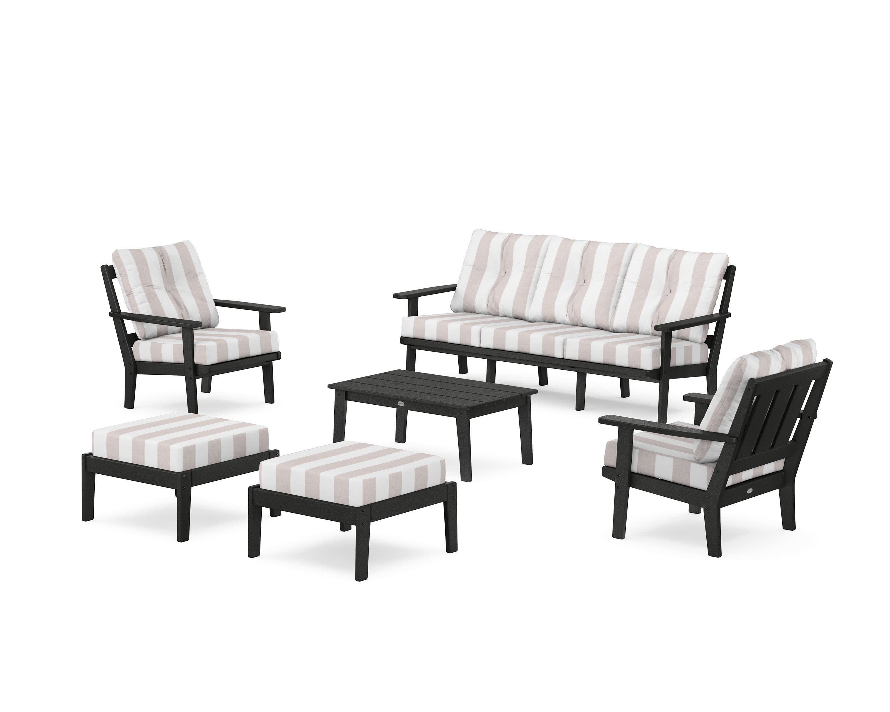 Oxford 6-Piece Lounge Sofa Set in Black / Cabana Stripe Dune Burlap