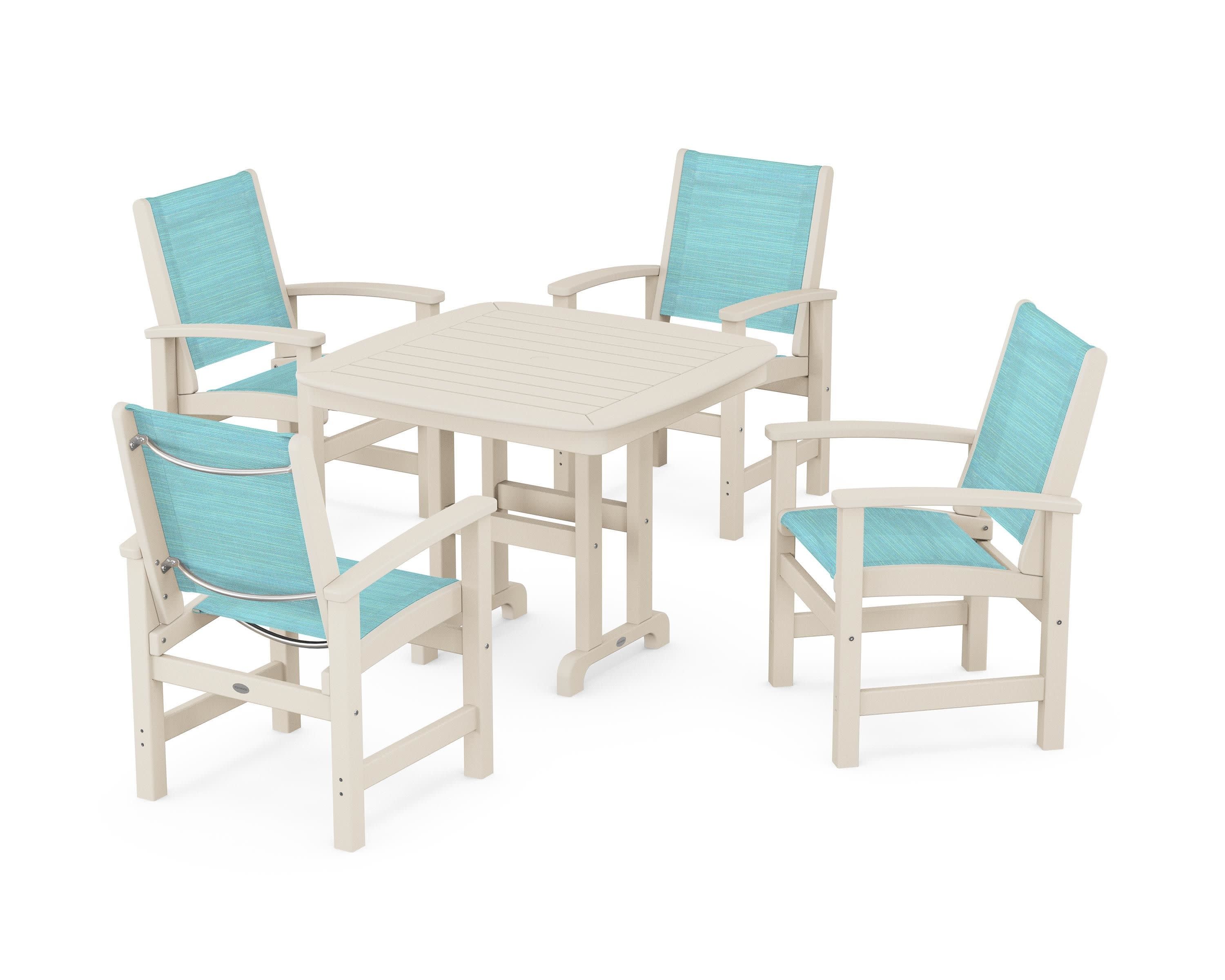 Coastal 5-Piece Dining Set in Sand / Dupioni Aquamarine Sling