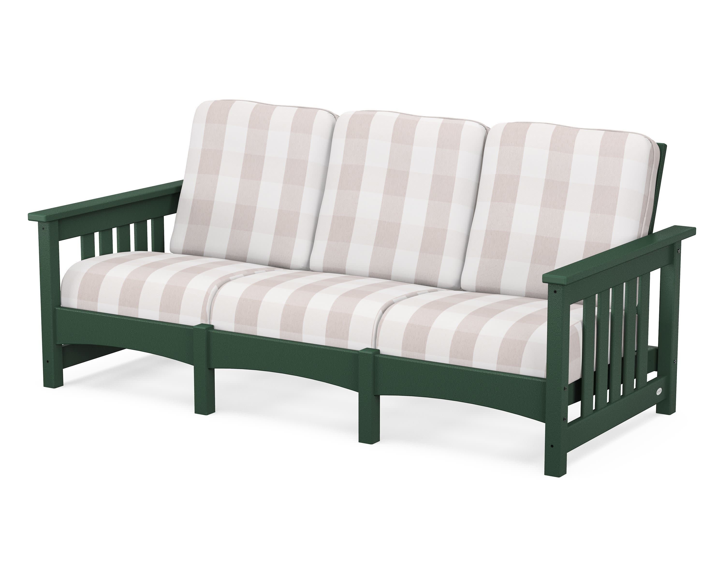 Club Mission Sofa in Green / Buffalo Plaid Dune Burlap