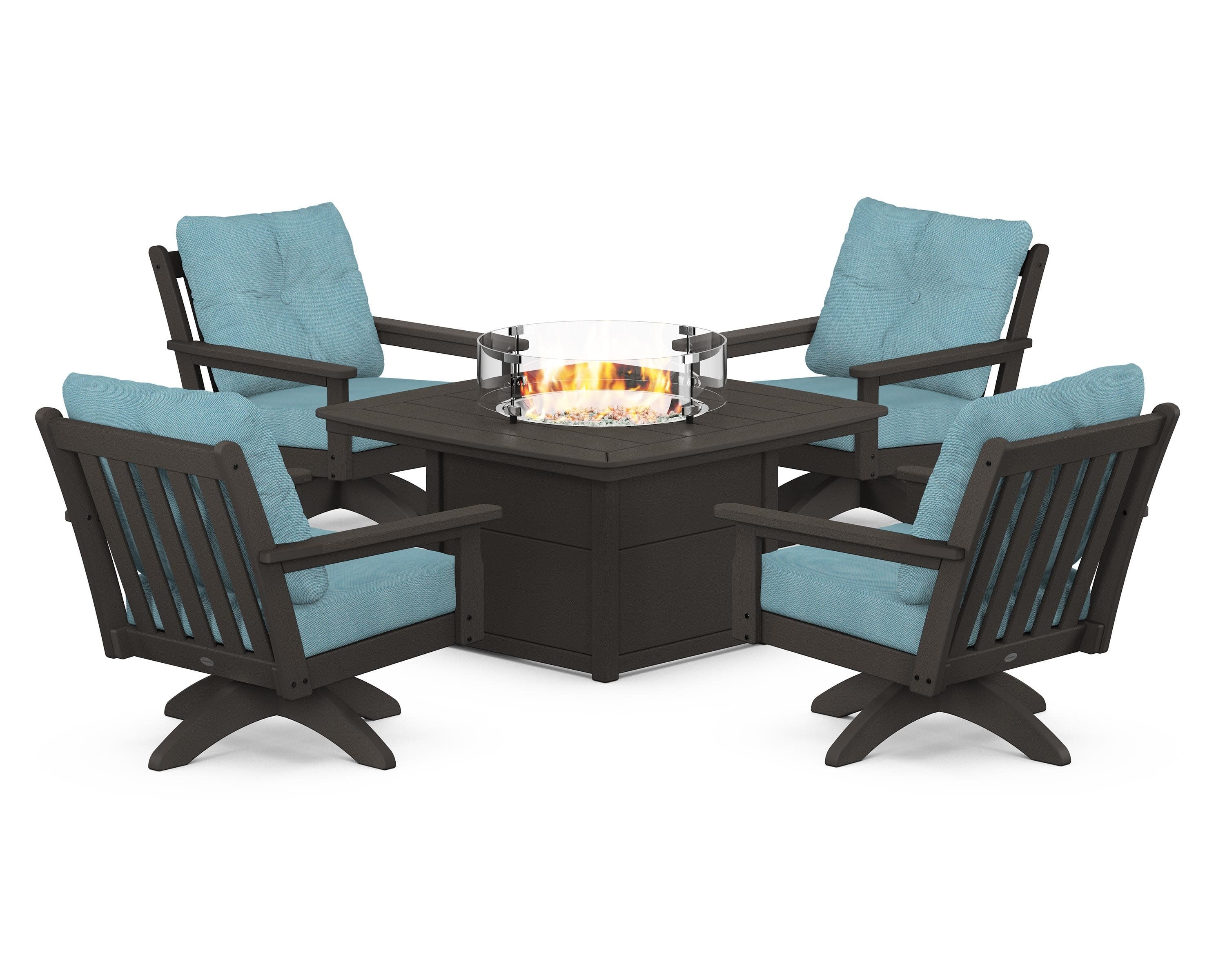 Vineyard 5-Piece Deep Seating Swivel Conversation Set with Fire Pit Table in Vintage Coffee / Lattice Sky Blue