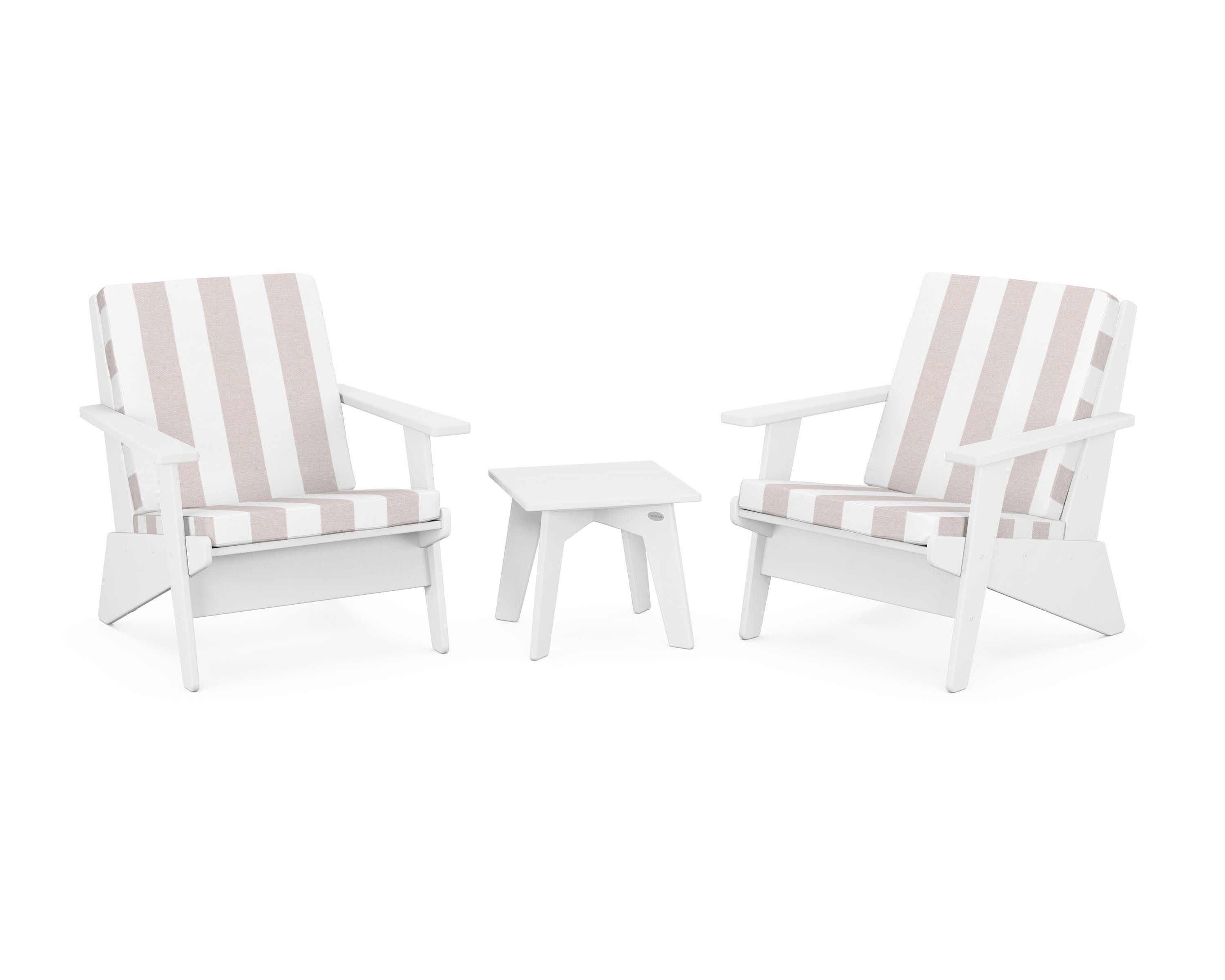Riviera Modern Lounge 3-Piece Set in White / Cabana Stripe Dune Burlap