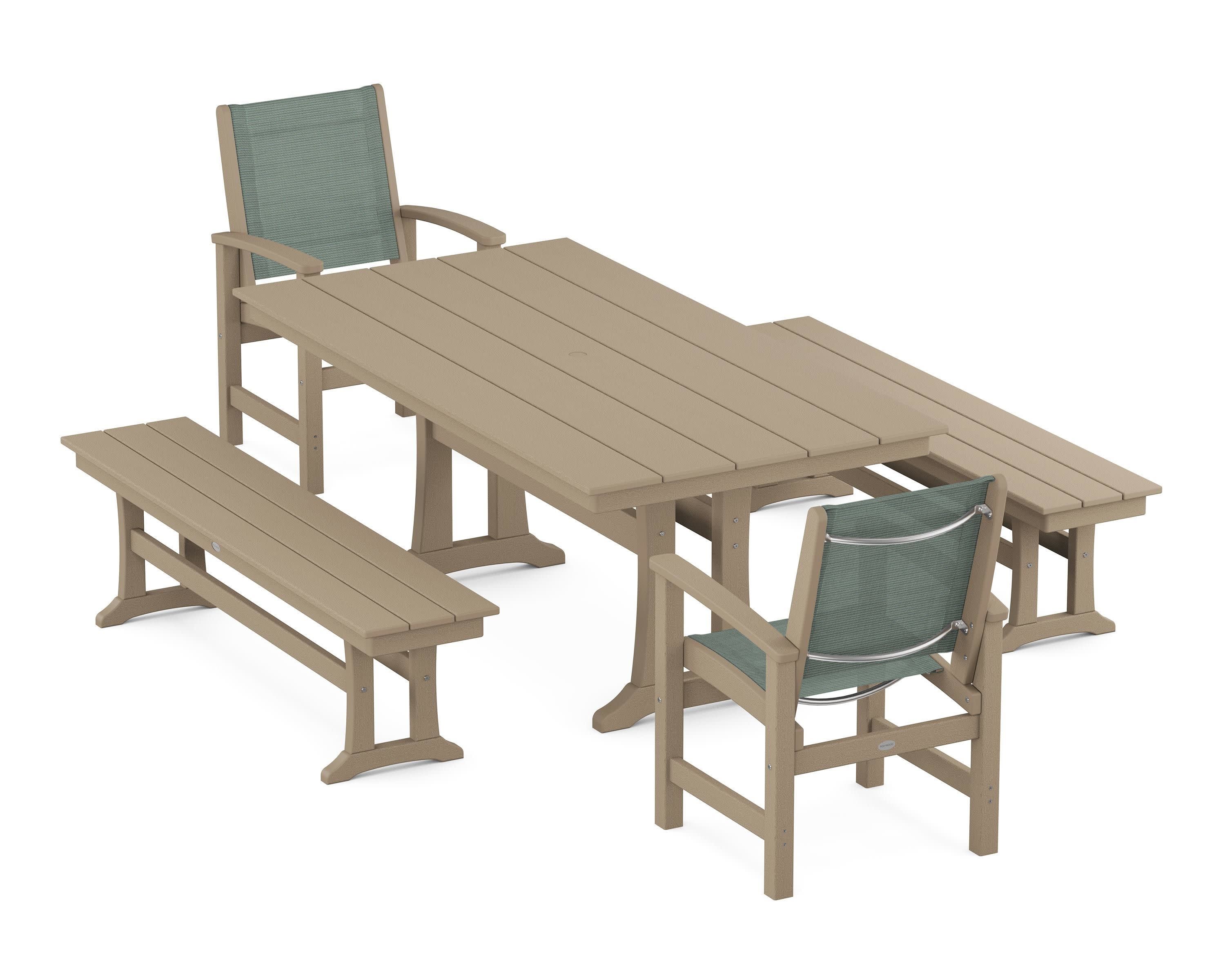 Coastal 5-Piece Farmhouse Dining Set with Trestle Legs and Benches in Vintage Sahara / Dupioni Sea Mist Sling
