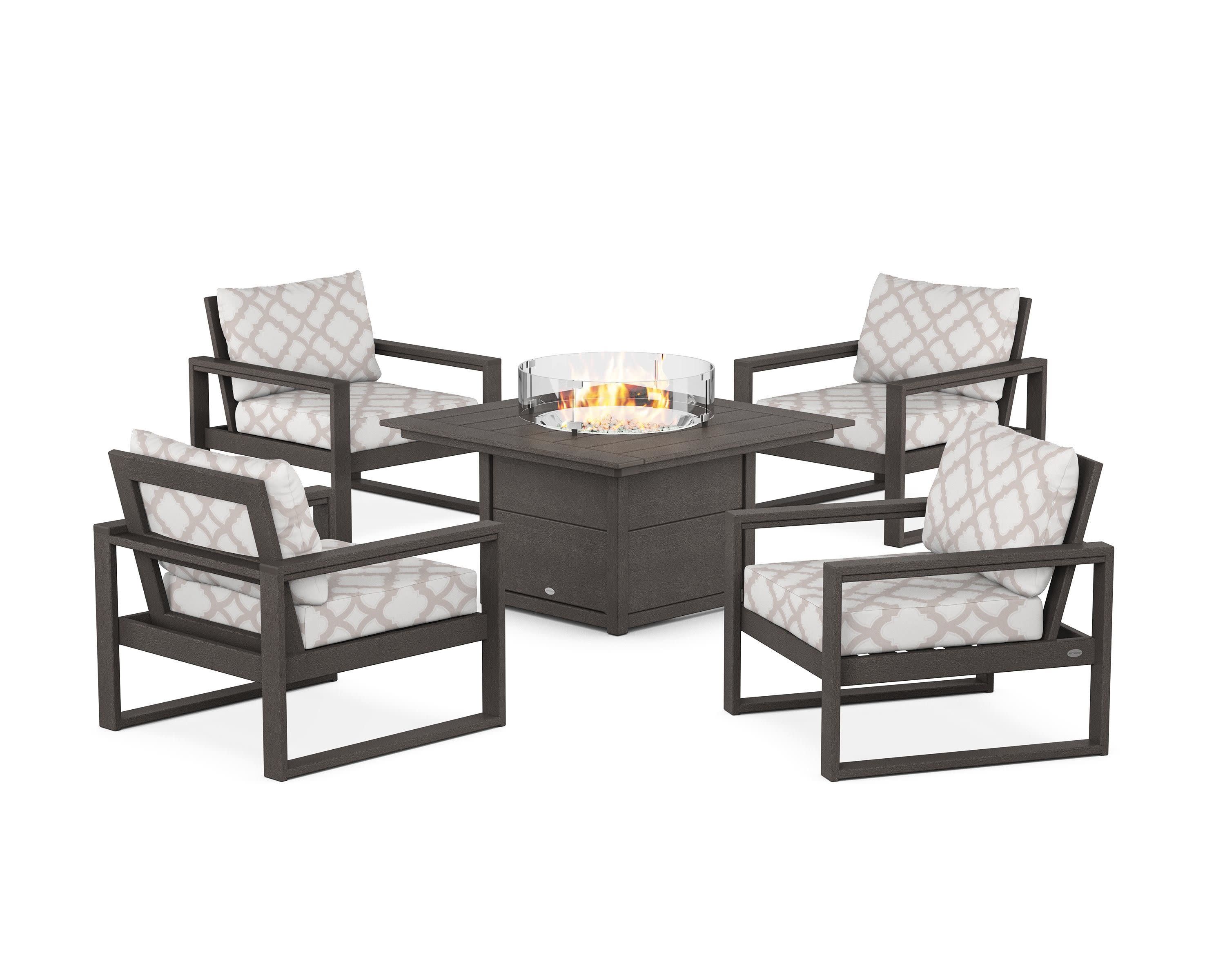 EDGE Sectional 5-Piece Deep Seating Set with Fire Pit Table in Vintage Coffee / Trellis Dune Burlap