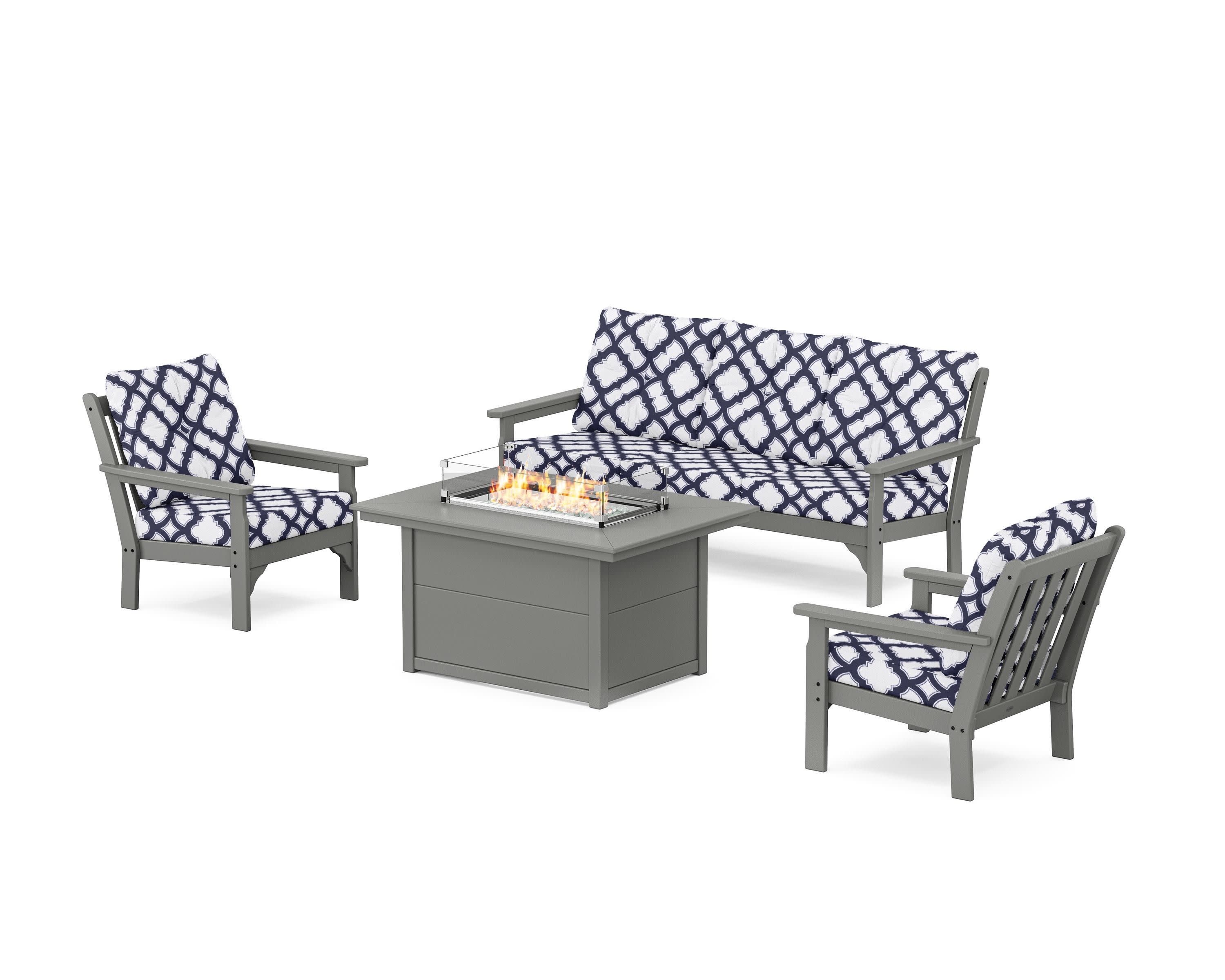 Vineyard Deep Seating Fire Pit Table Set in Slate Grey / Trellis Navy