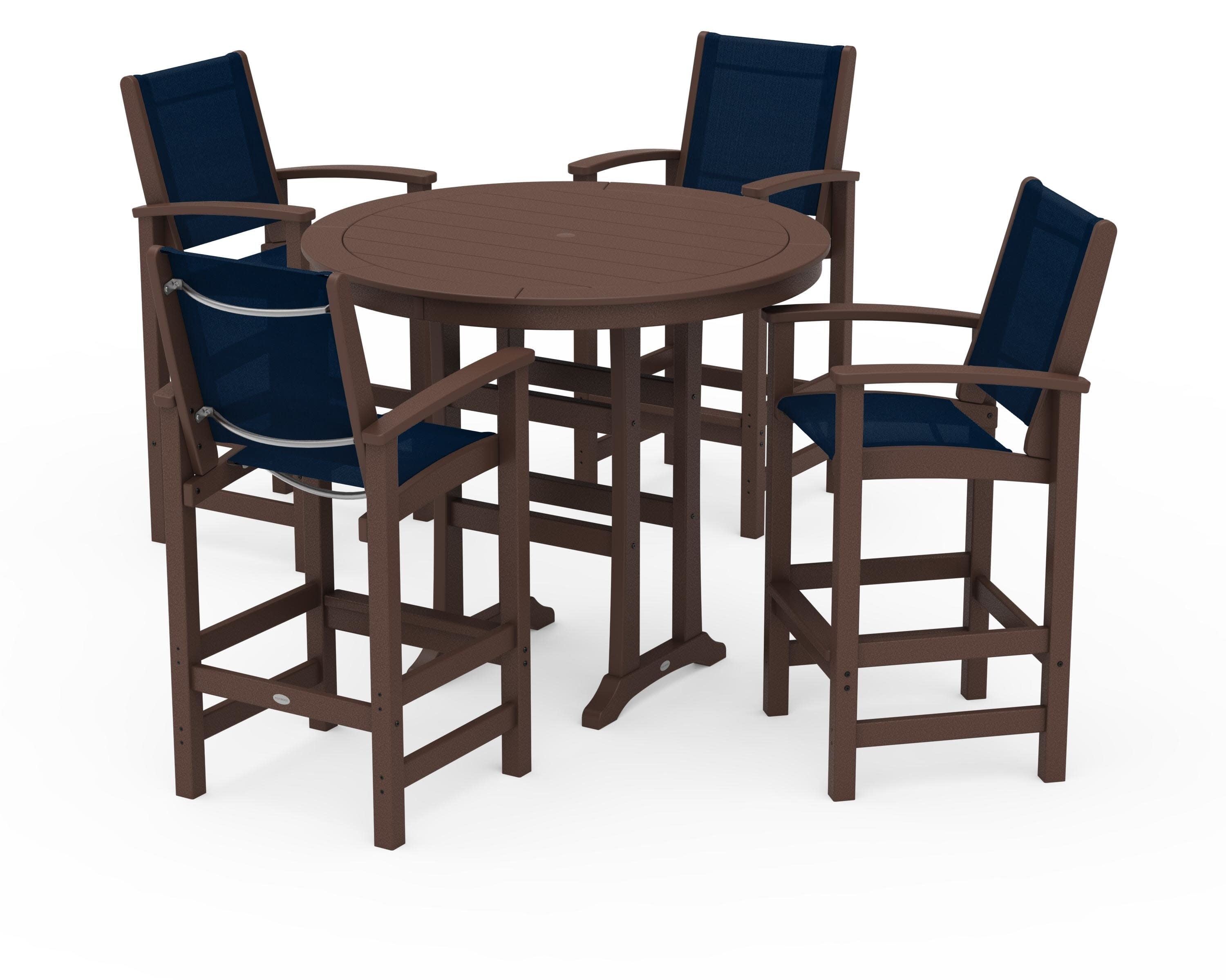 Coastal 5-Piece Nautical Trestle Bar Set in Mahogany / Navy Blue Sling