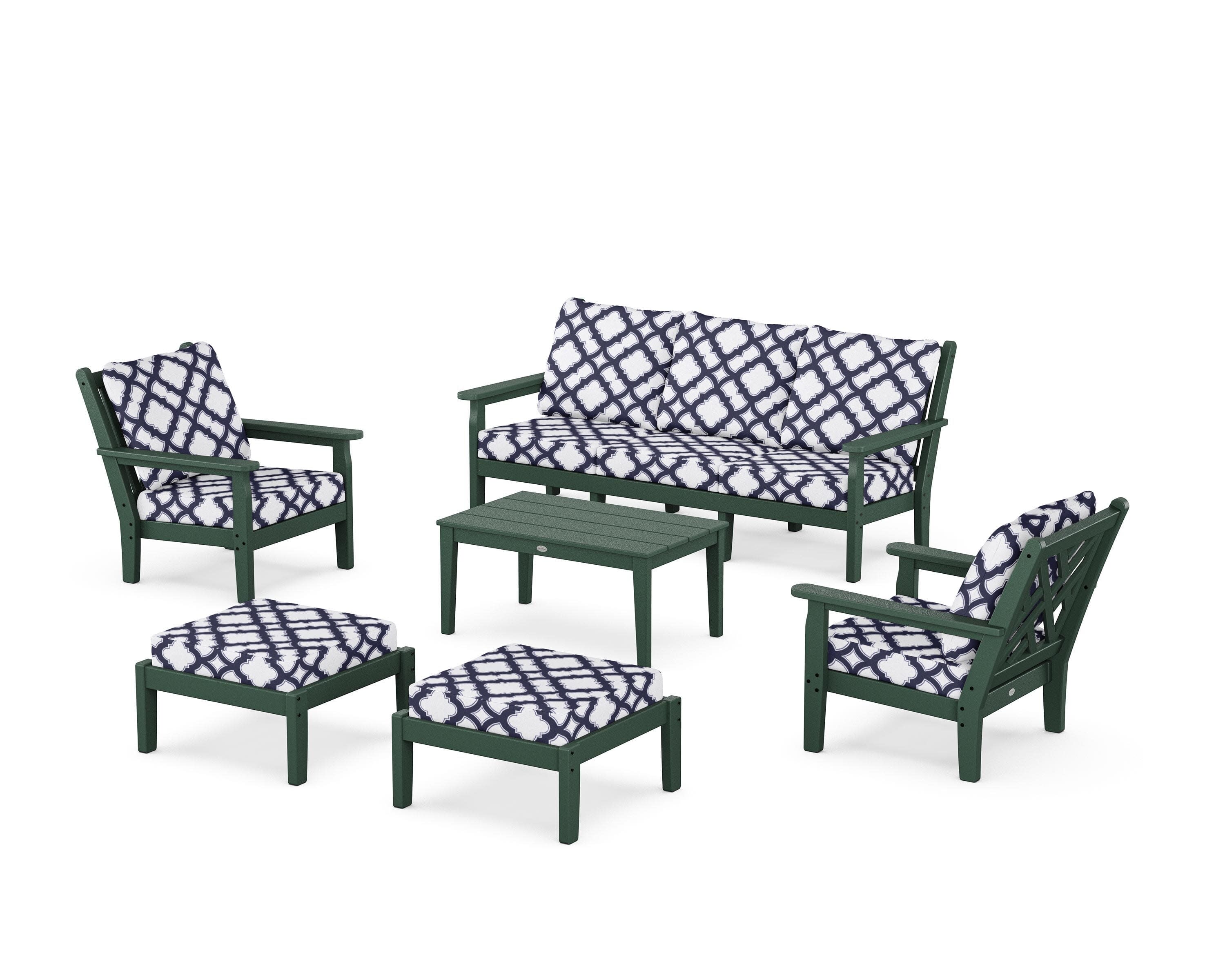 Chippendale 6-Piece Lounge Sofa Set in Green / Trellis Navy