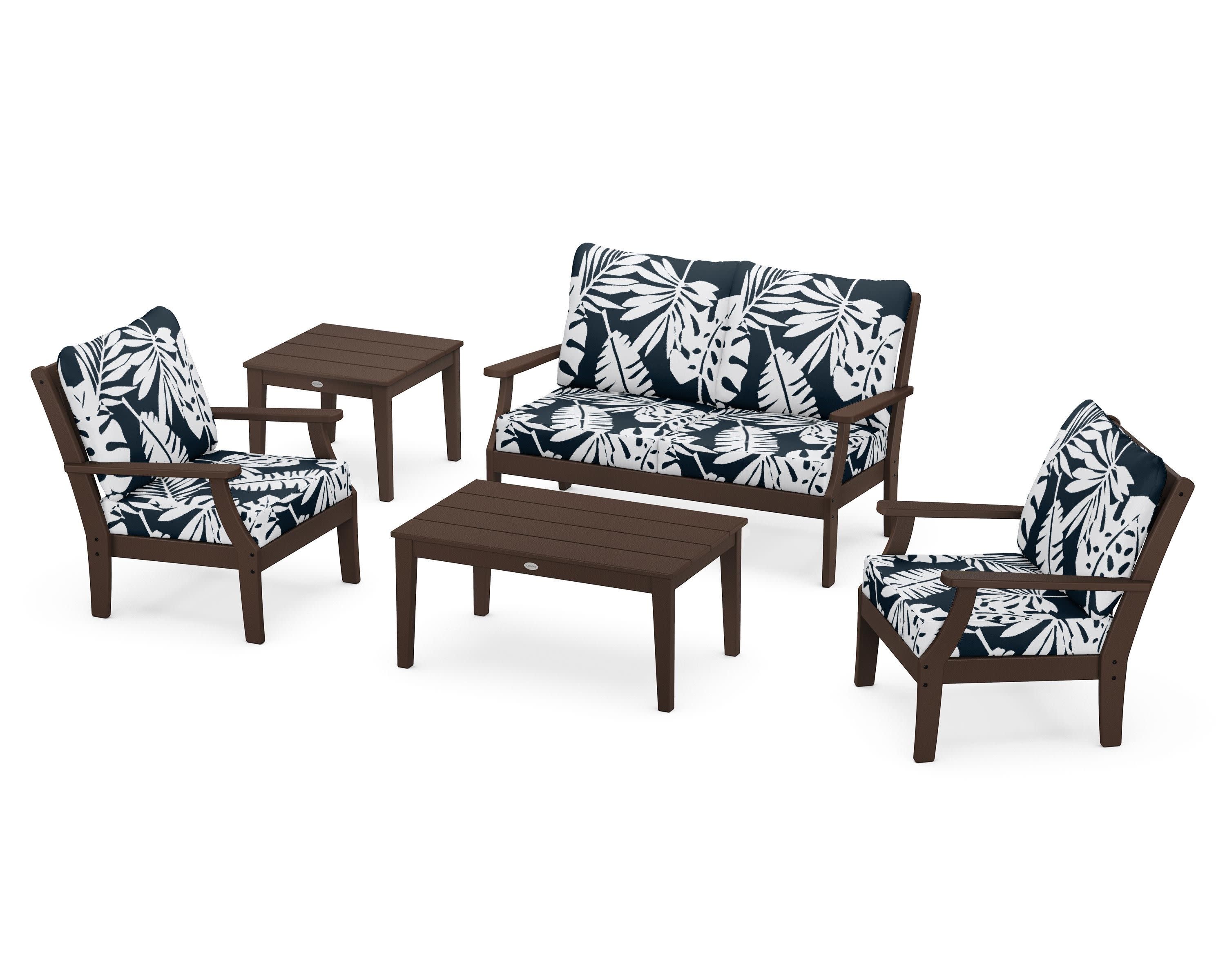 Braxton 5-Piece Deep Seating Set in Mahogany / Leaf Marine Indigo