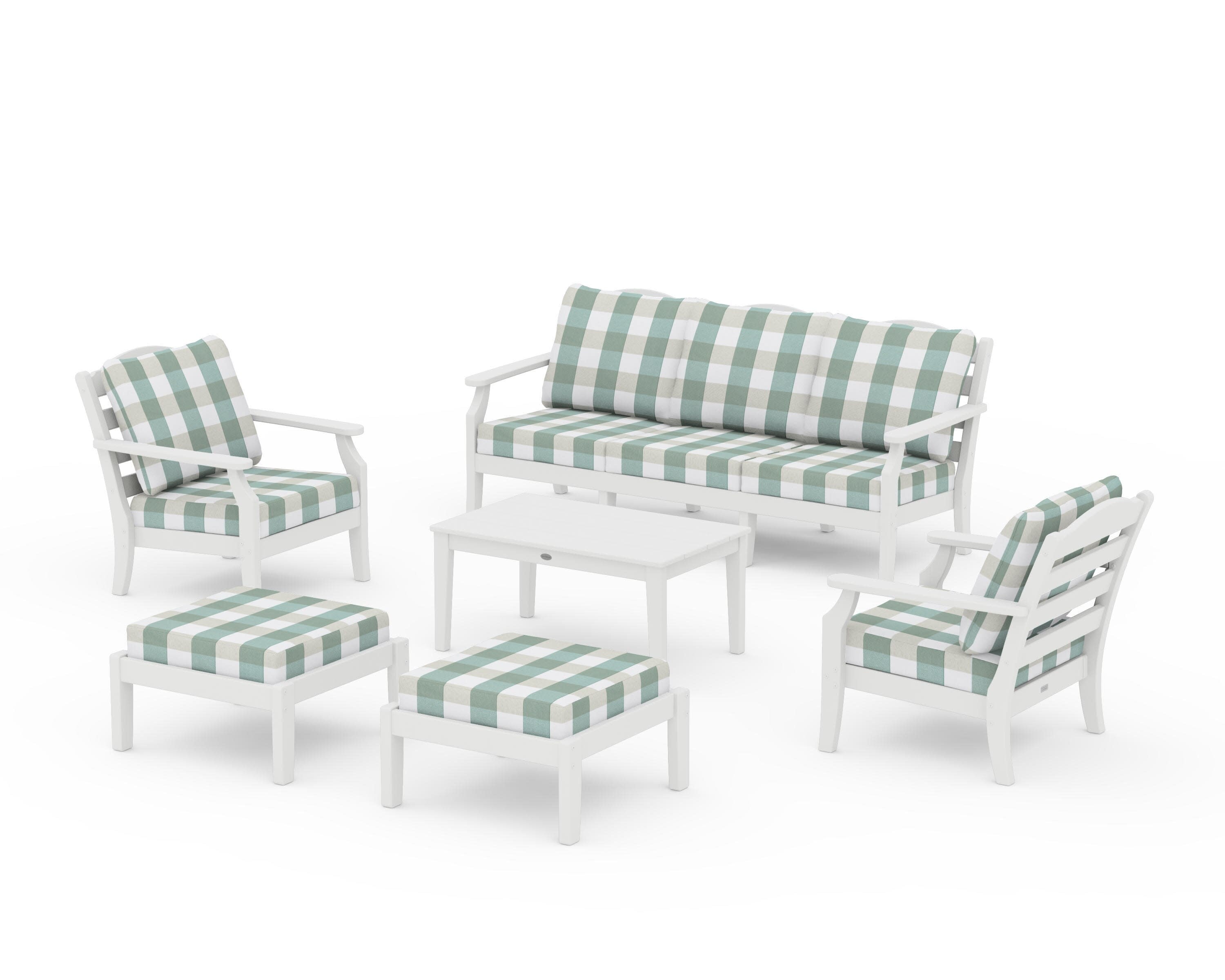 Savannah 6-Piece Lounge Sofa Set in White / Buffalo Plaid Glacier Spa