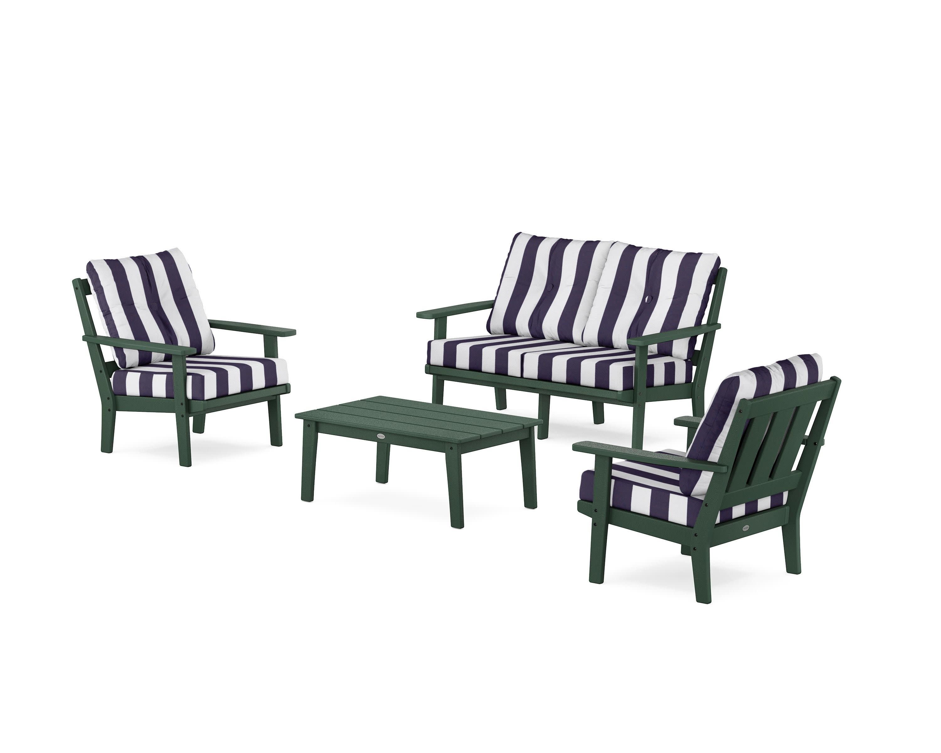 Oxford 4-Piece Deep Seating Set with Loveseat in Green / Cabana Stripe Navy