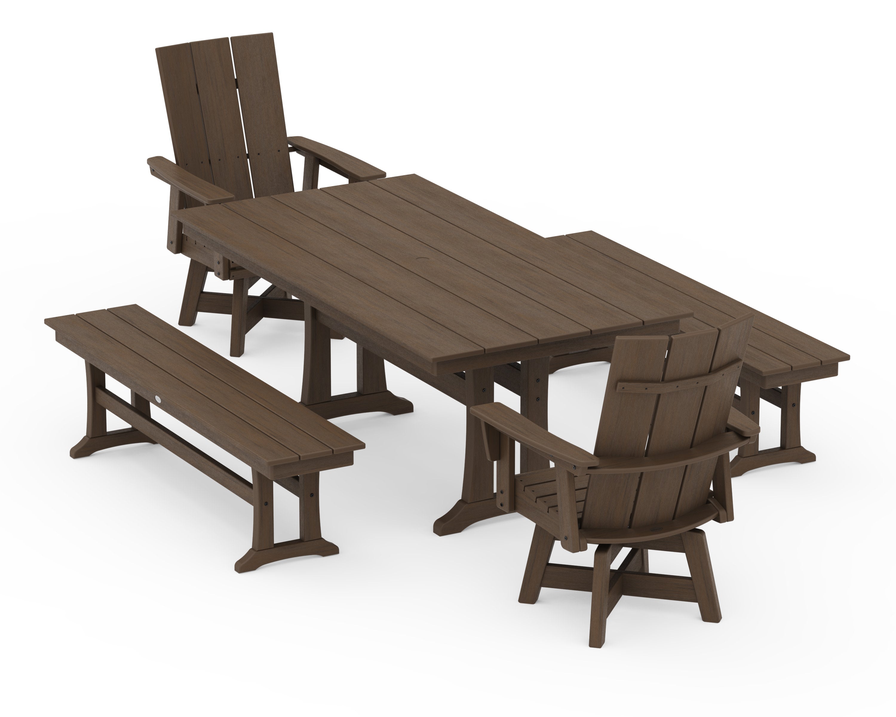 Modern Curveback Adirondack Swivel Chair 5-Piece Farmhouse Dining Set With Trestle Legs and Benches in Kona