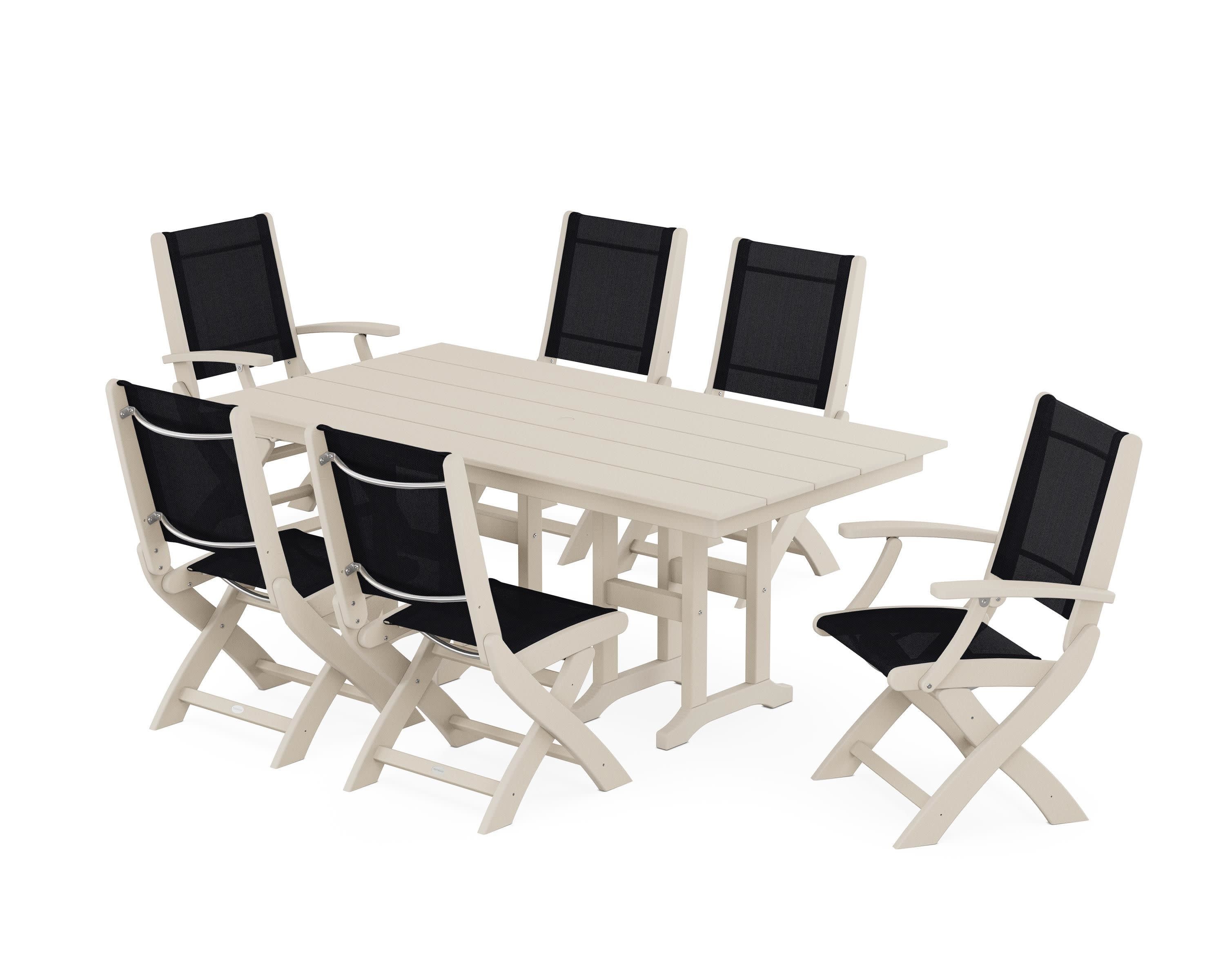 Coastal Folding Chair 7-Piece Farmhouse Dining Set in Sand / Black Sling
